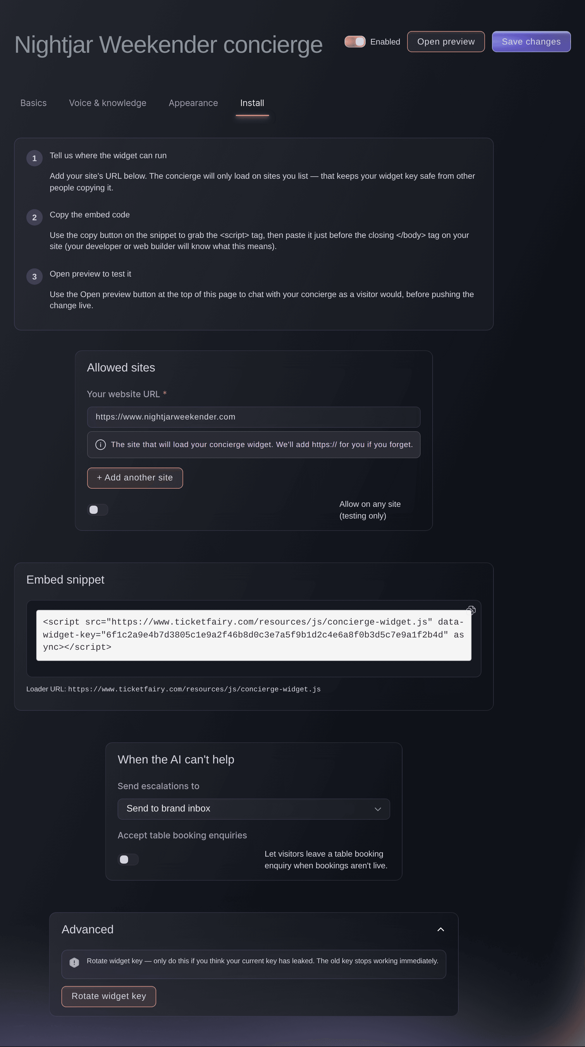 The Install tab of a festival's concierge widget, with the allowed website, the embed snippet and where unanswered questions go