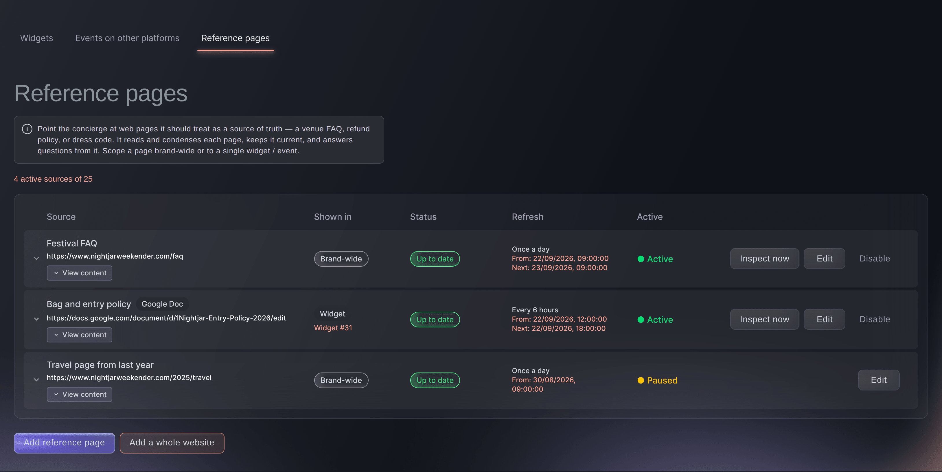 A festival brand's concierge Reference pages tab, with an FAQ page, a Google Doc and a paused page