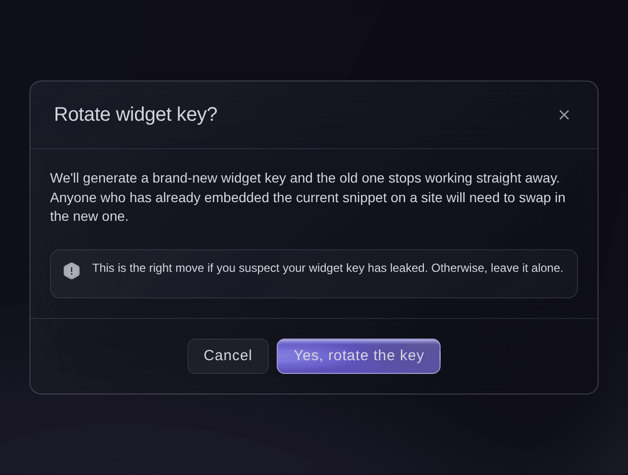 The Rotate widget key confirmation, warning that the old concierge snippet stops working straight away