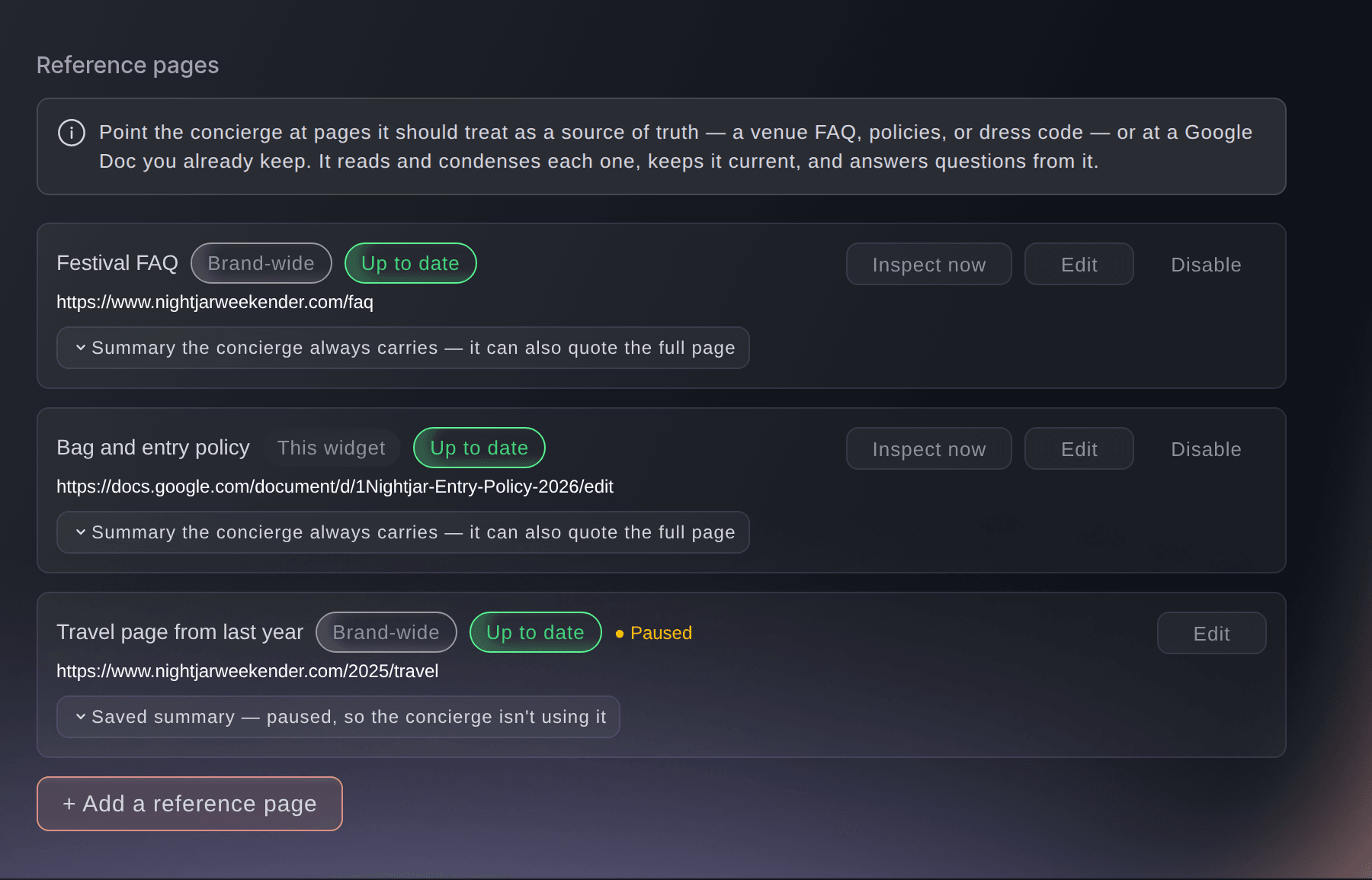 The Reference pages section of a concierge widget, with a brand-wide FAQ and a Google Doc for this widget only