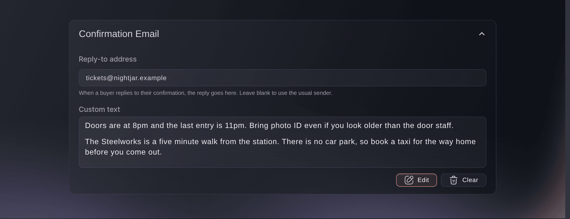Ticket Fairy confirmation email card with saved custom text about door times and travel, and a reply-to address