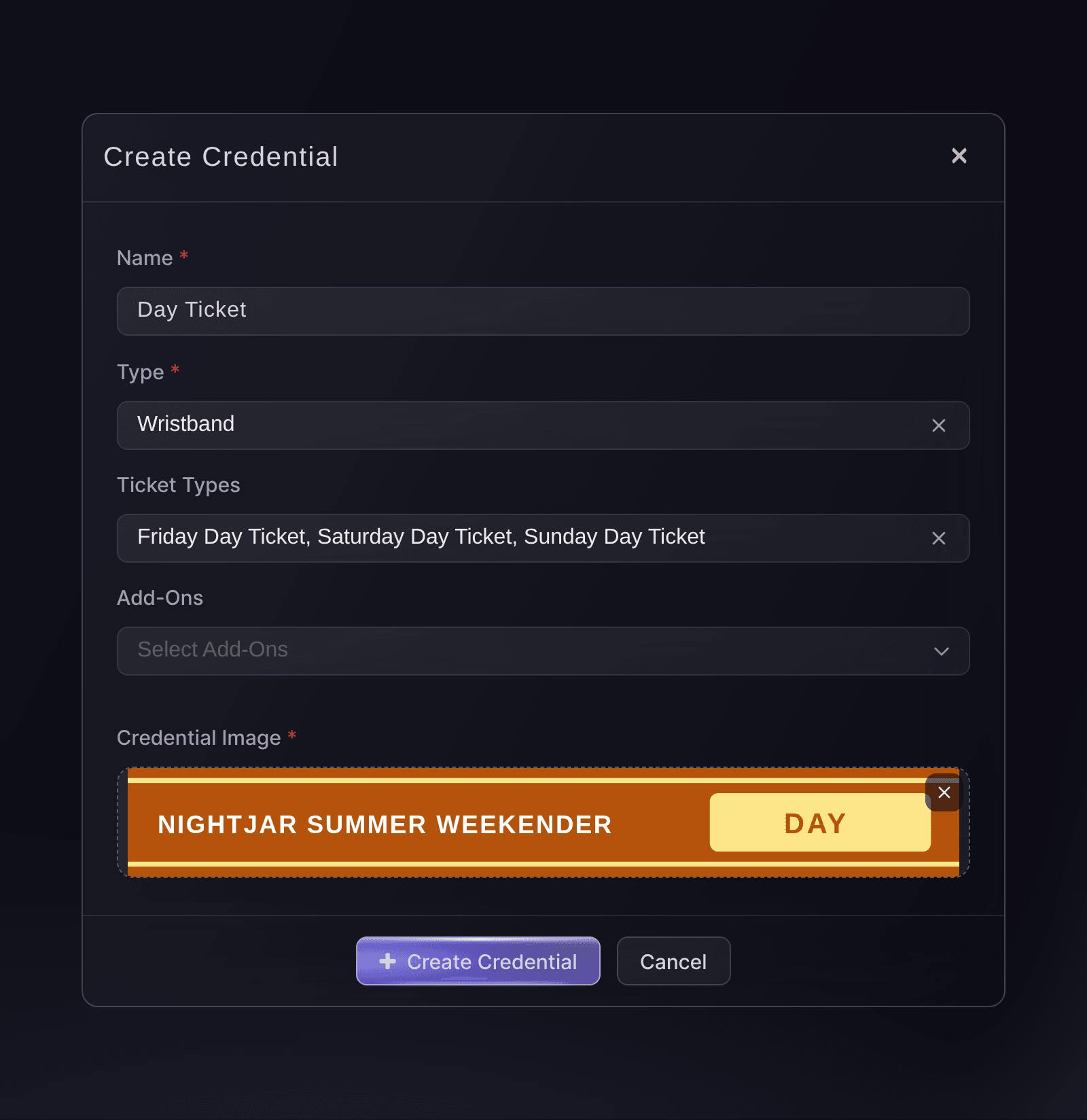 Ticket Fairy Create Credential dialog with a day ticket wristband matched to three day tickets