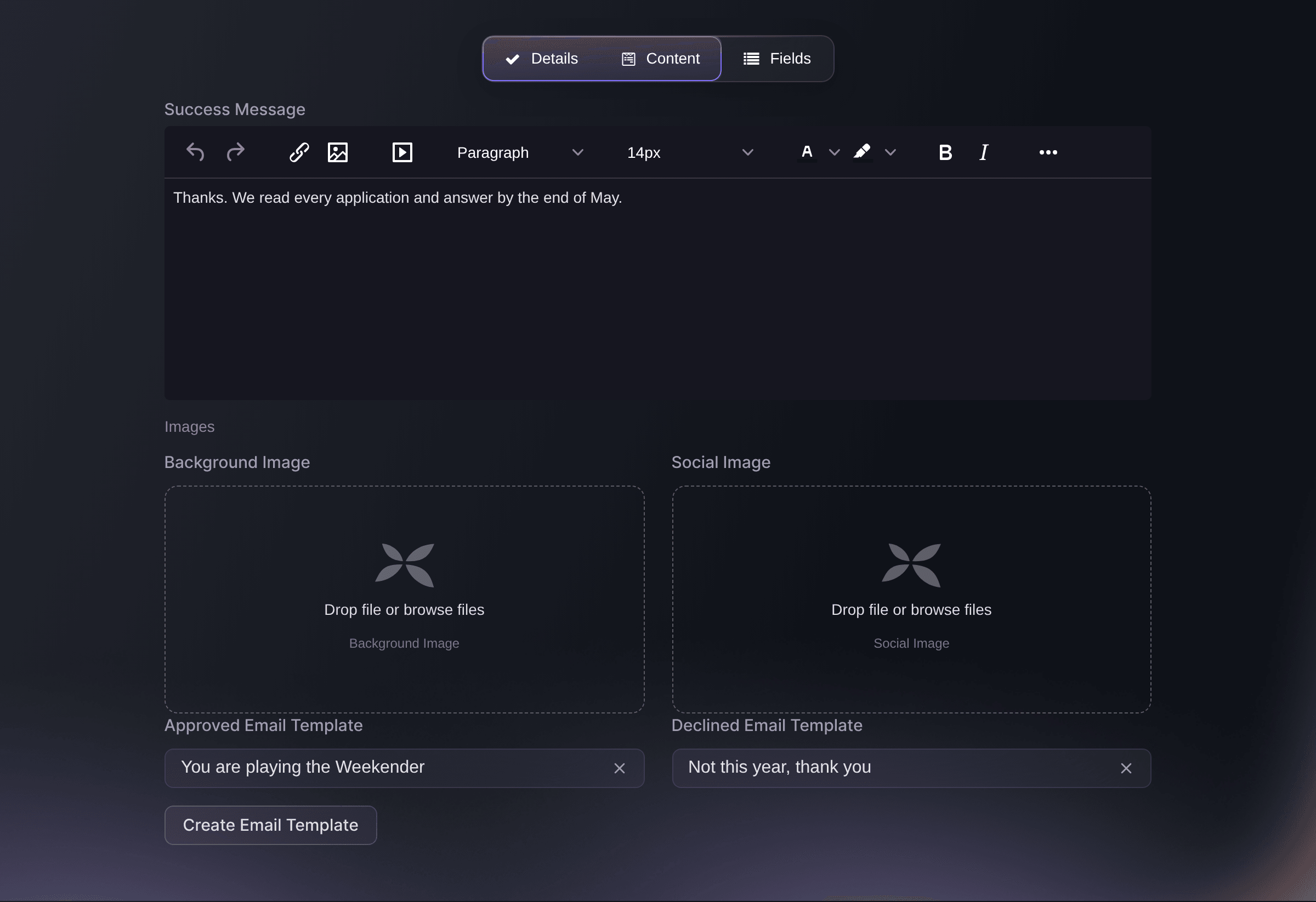The Content step of the Create Form dialog, with the success message, the two images and the two decision emails