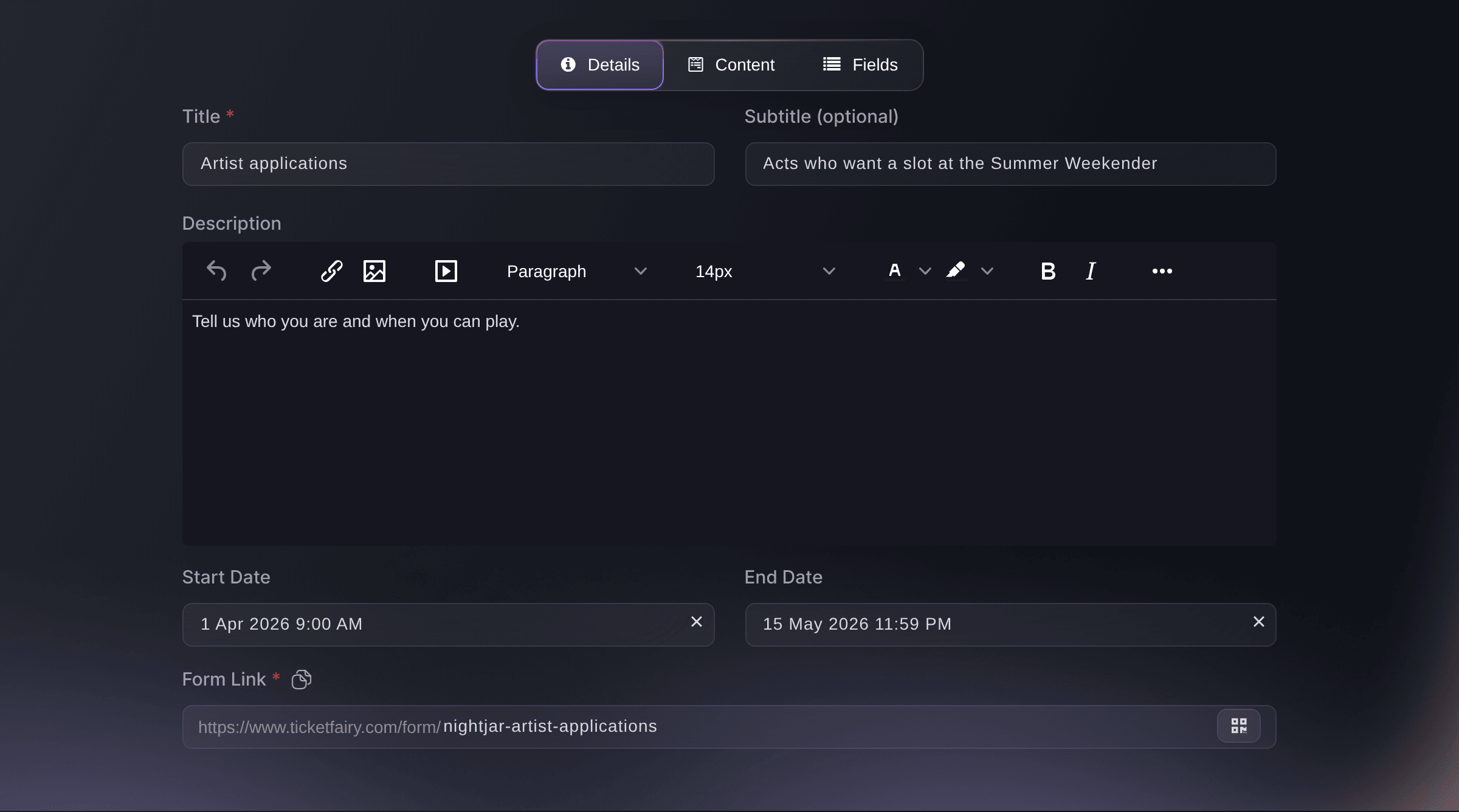 The Details step of the Create Form dialog, with the title, subtitle, description, both dates and the public address of the form
