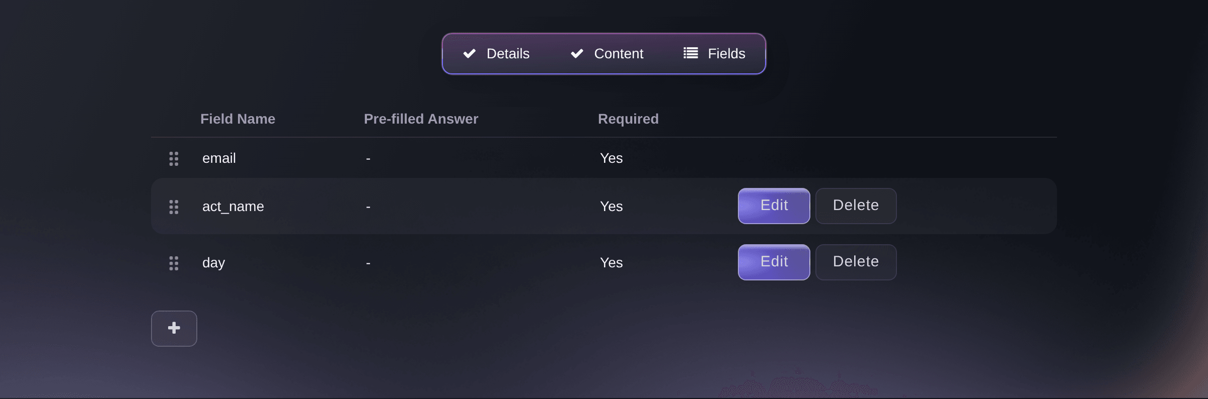 The Fields step of the Create Form dialog, listing the email question and two questions added for this event