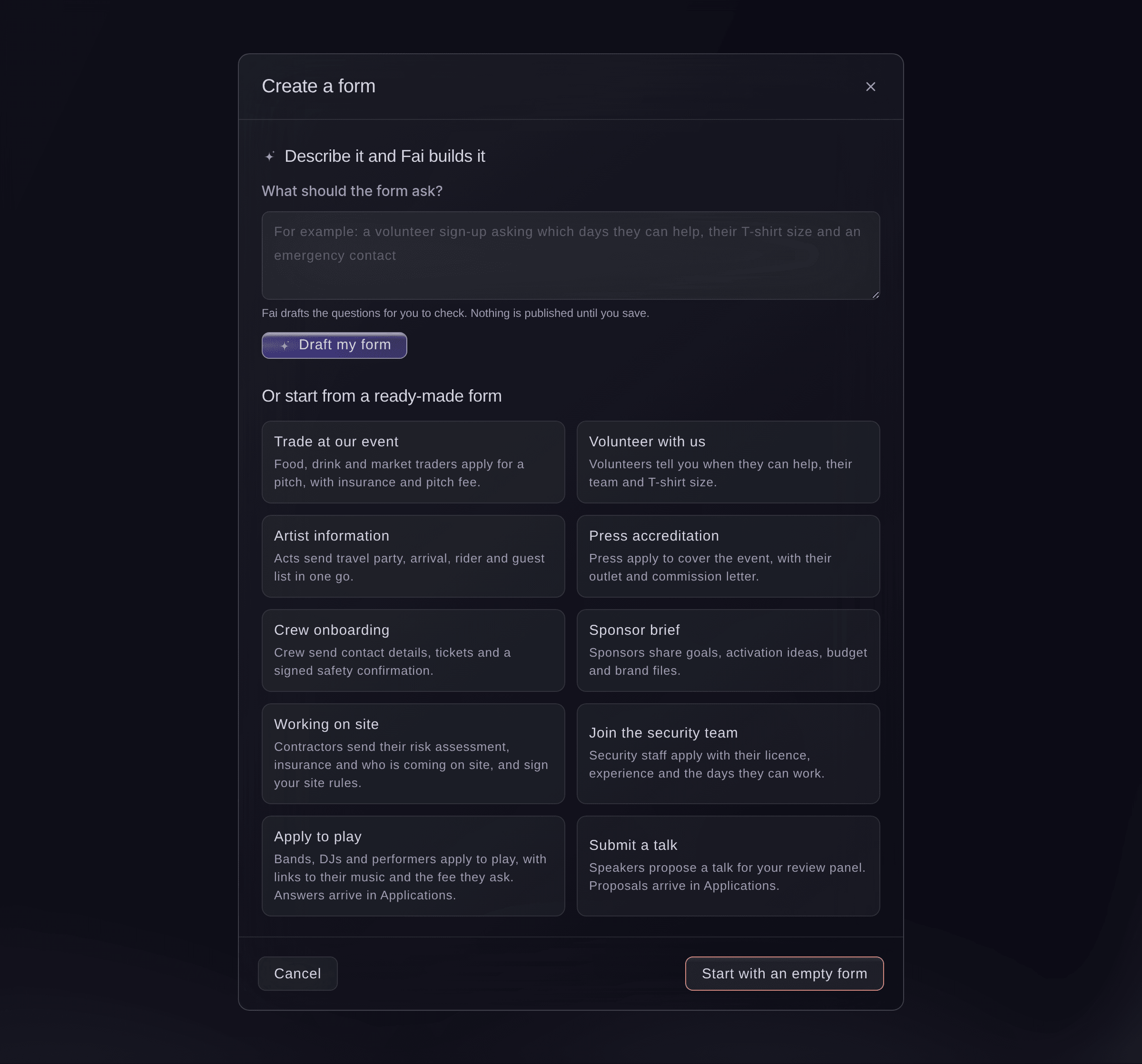 The Create a form dialog with a box to describe the form for Fai, ten ready-made forms and a button to start with an empty form