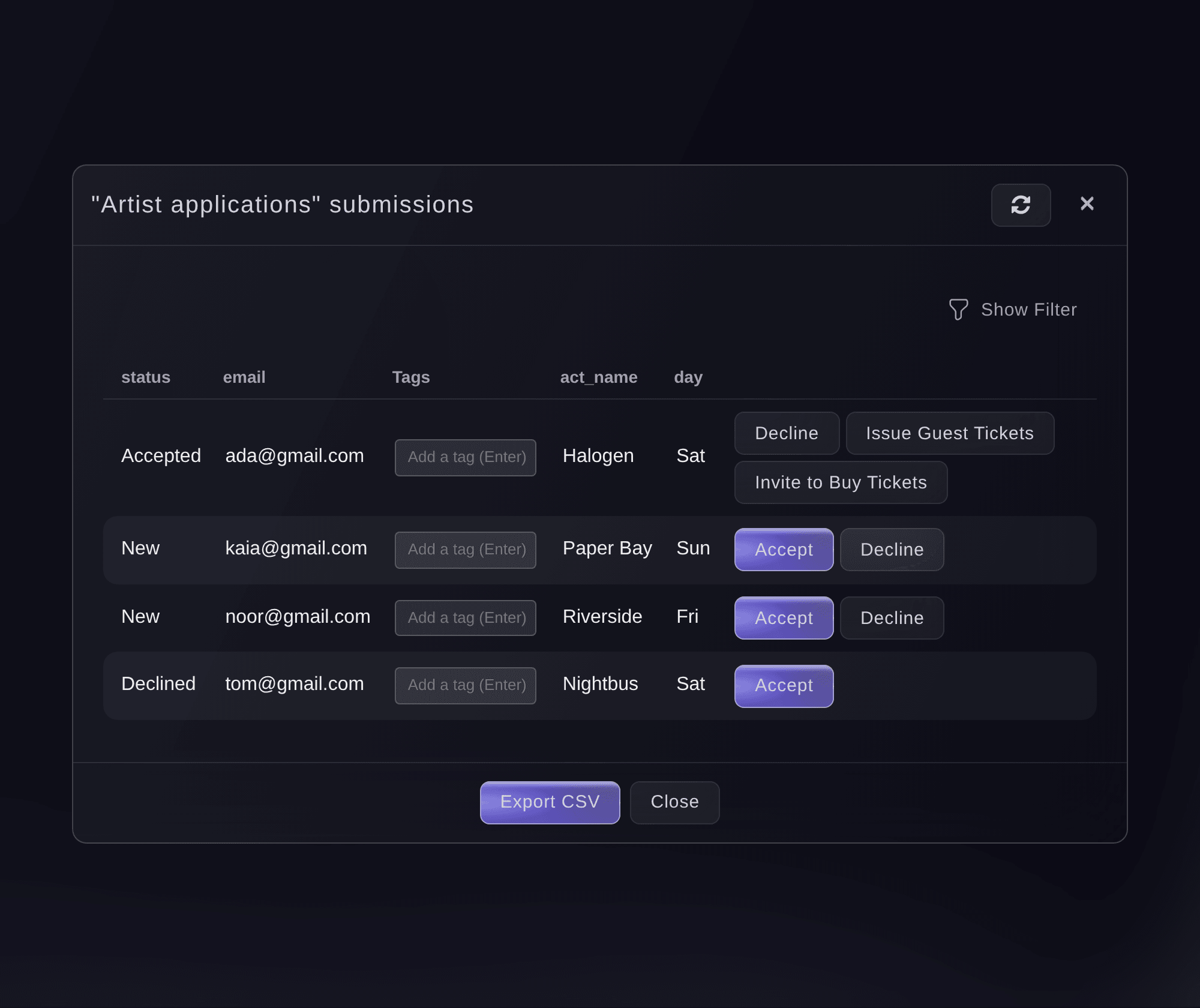 The applications for an artist form, four rows showing each status, email address, tags and every answer given