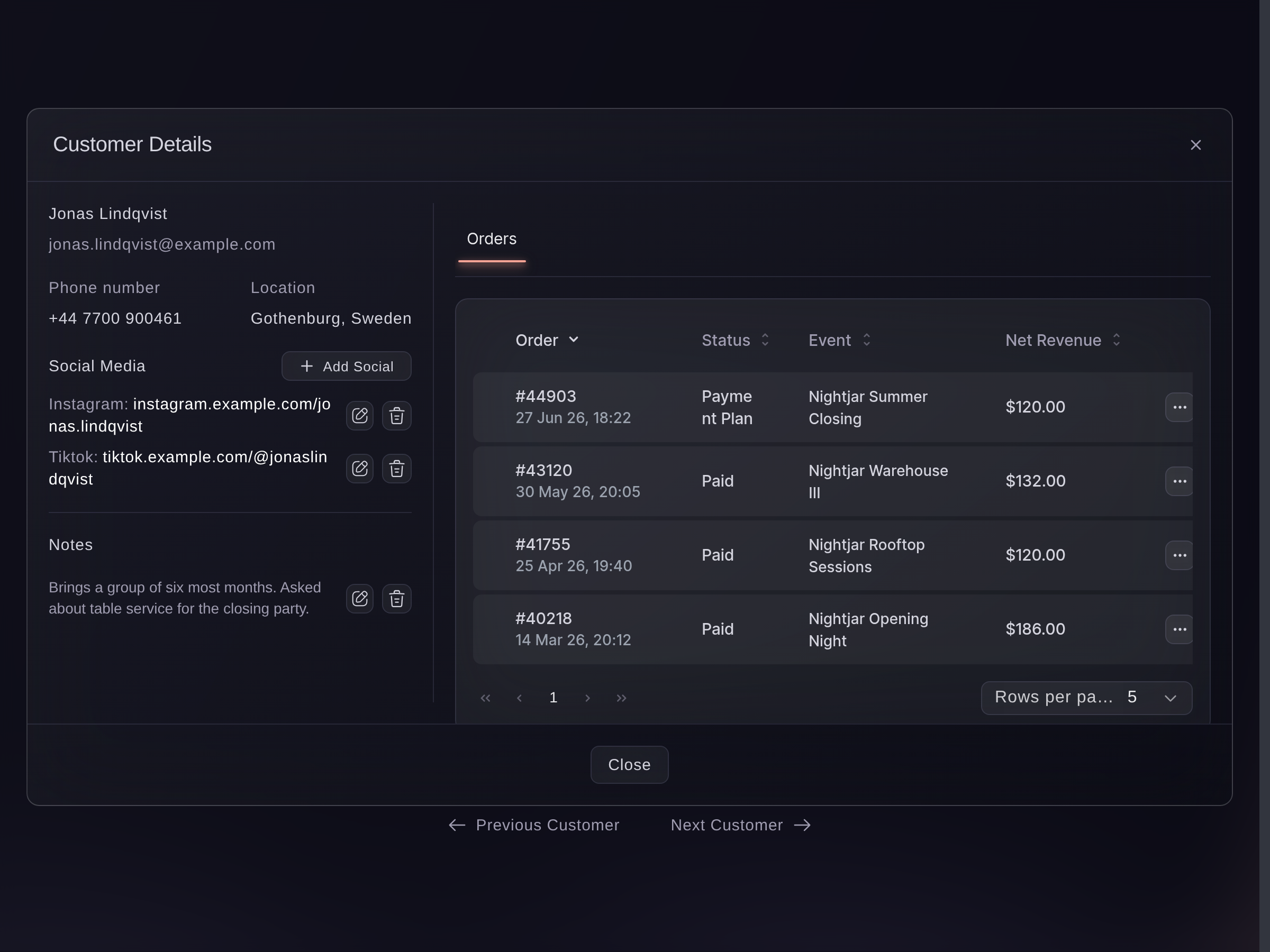 The Customer Details window, with contact details, social links and a note beside the list of that buyer's orders