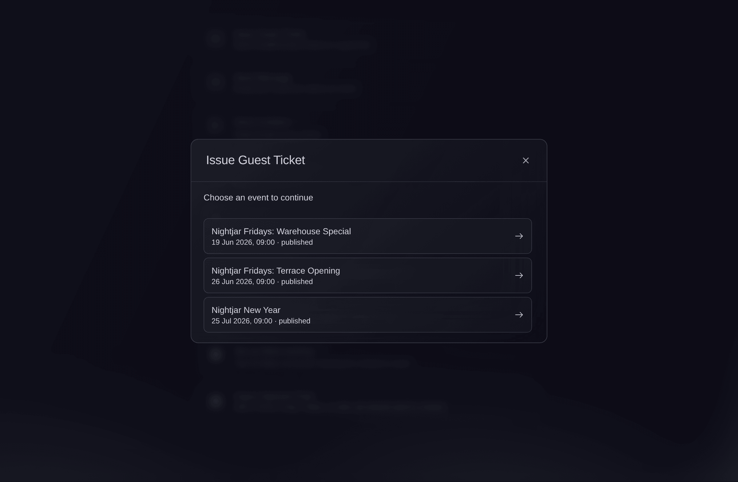 Ticket Fairy Issue Guest Ticket window asking which of three upcoming club nights the tickets are for