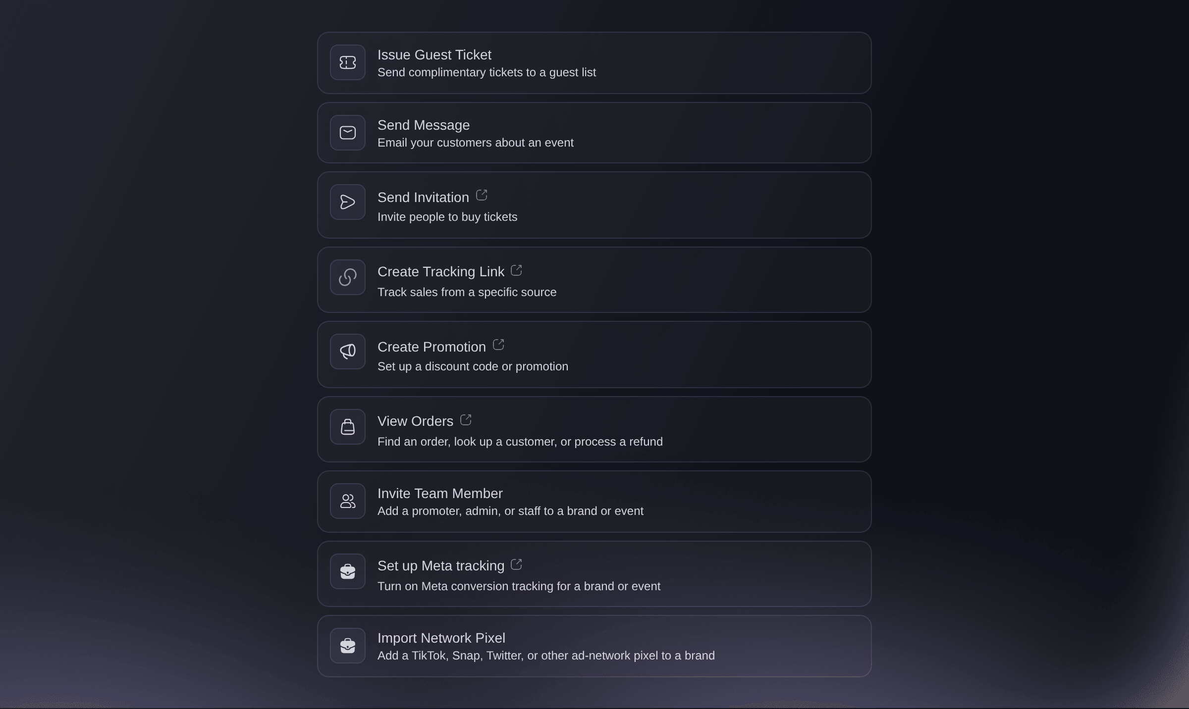 Ticket Fairy Quick Actions list for a brand owner, from Issue Guest Ticket to Import Network Pixel