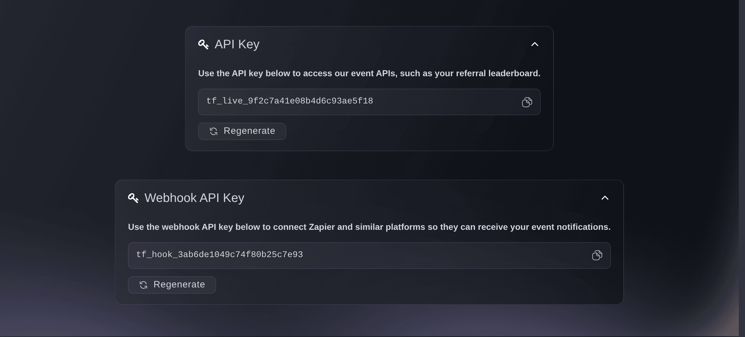 Ticket Fairy API Key and Webhook API Key cards, each showing the key with a control to copy it and one to regenerate it