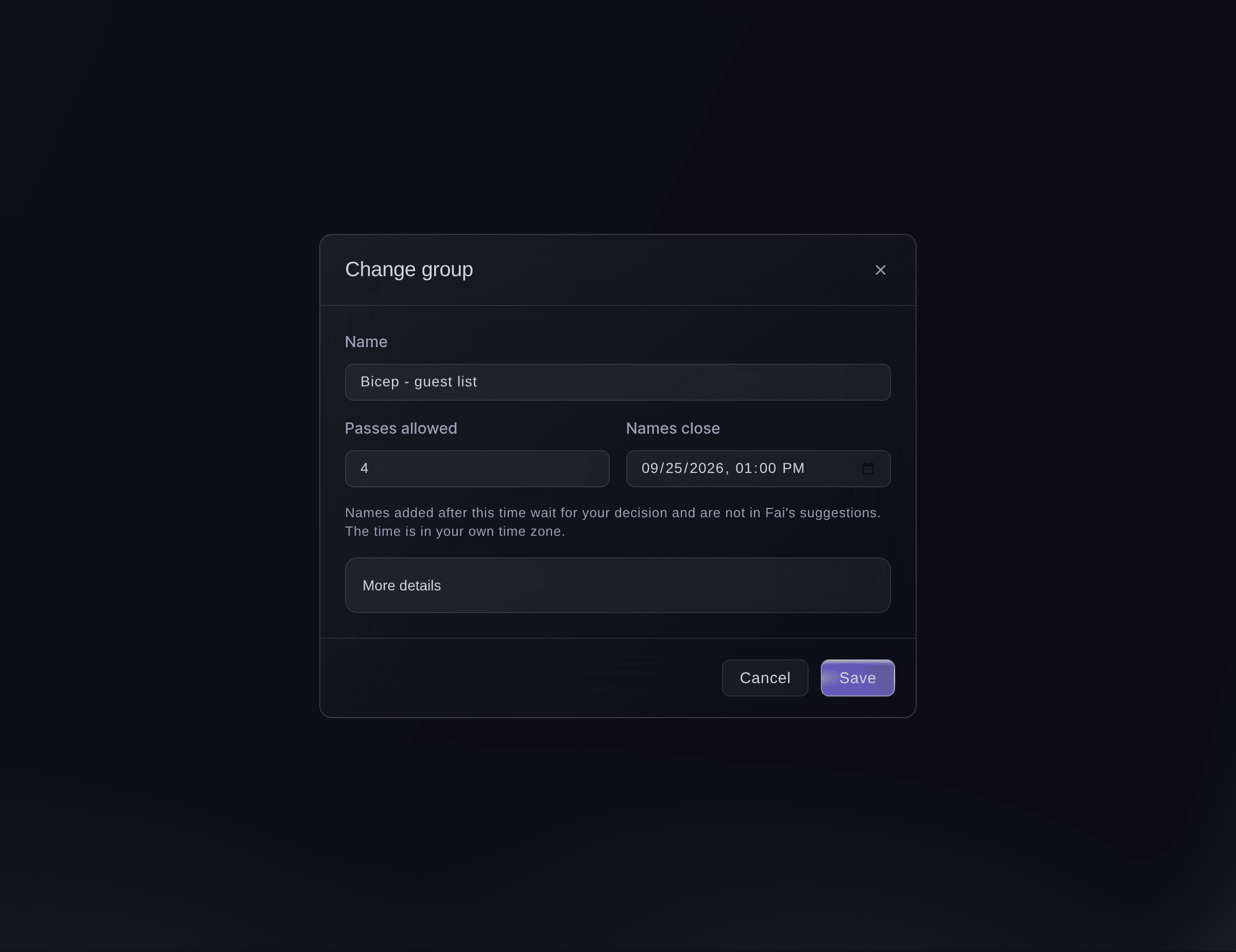 Ticket Fairy Change group dialog for a performer's guest list with four passes allowed, the pass type and the time names close