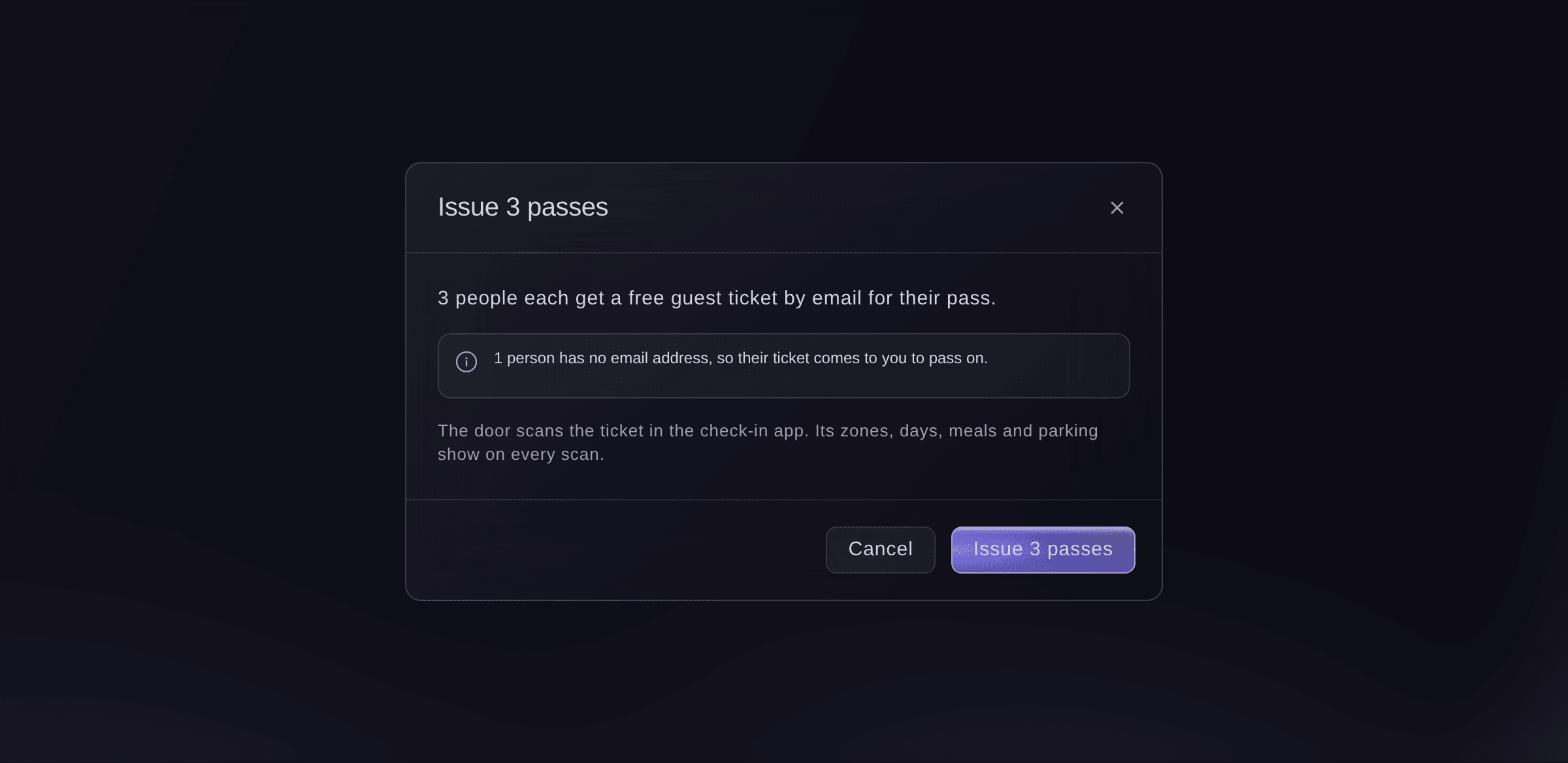 Ticket Fairy dialog to issue three passes, saying each person gets a free guest ticket by email and that the door sees the zones, days, meals and parking