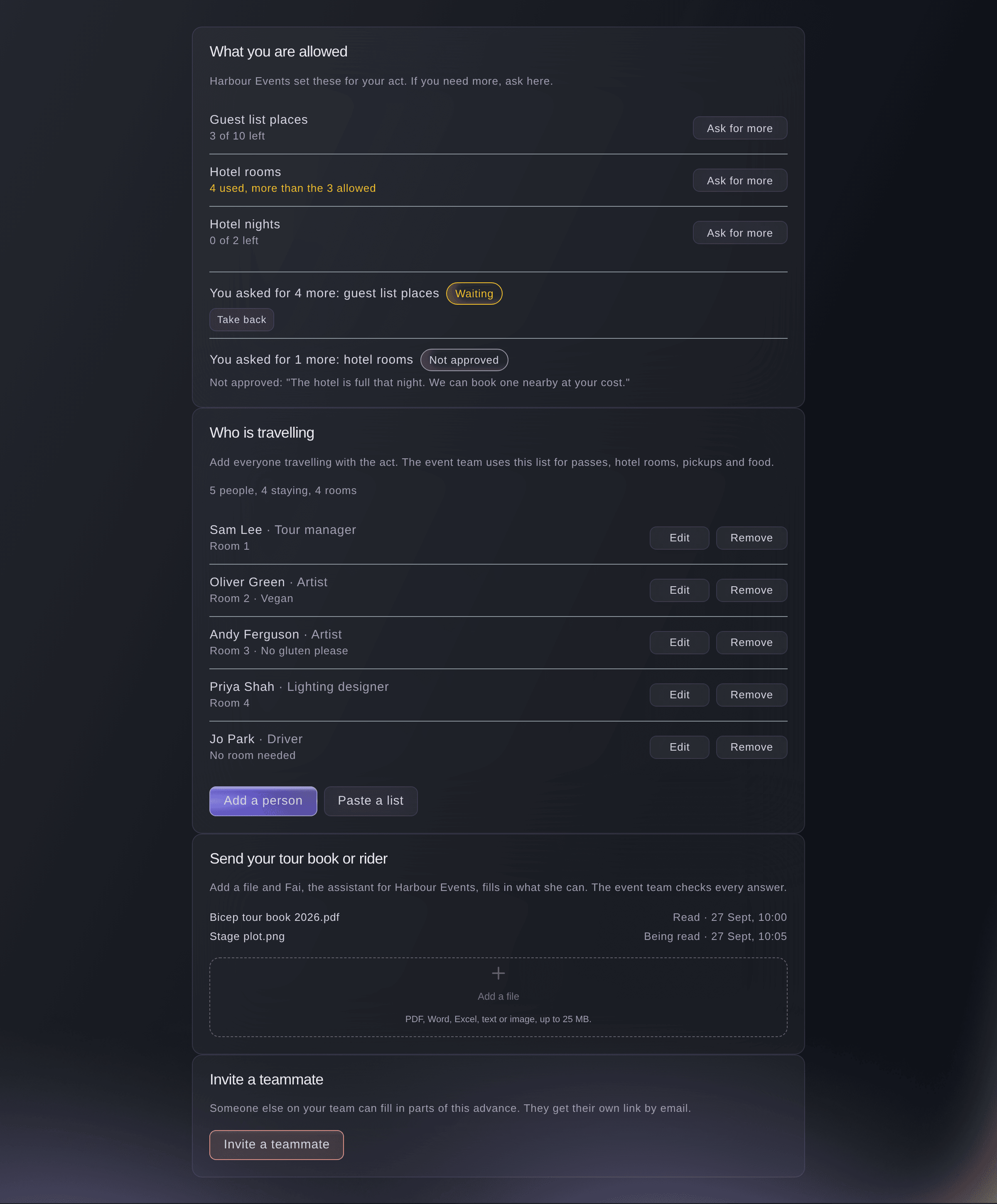Ticket Fairy advance link a tour manager opens, with what the act is allowed and Ask for more, who is travelling, files for Fai and Invite a teammate