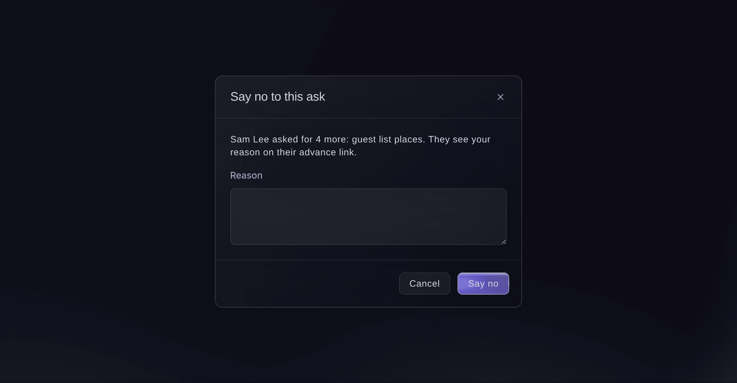 Ticket Fairy dialog to say no to an act's ask for more guest list places, with the reason the act reads on their advance link