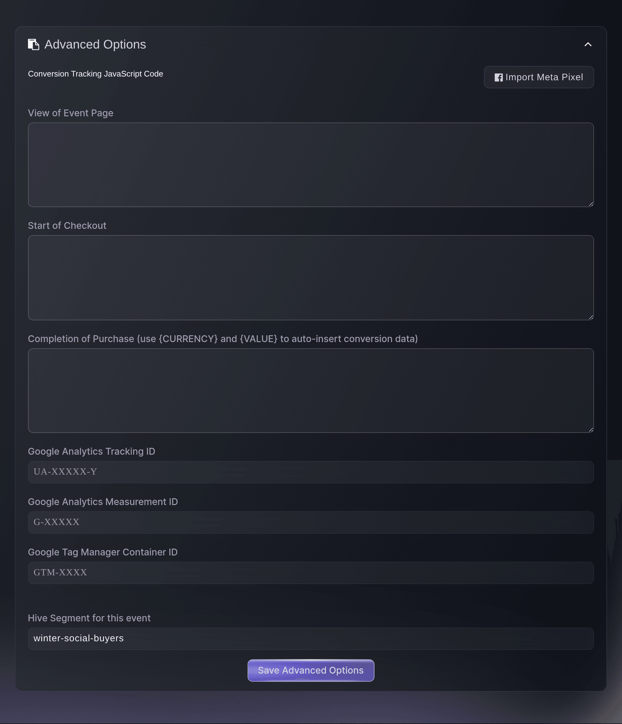 Ticket Fairy event Advanced Options with the tracking code fields and Hive Segment for this event filled in above Save Advanced Options