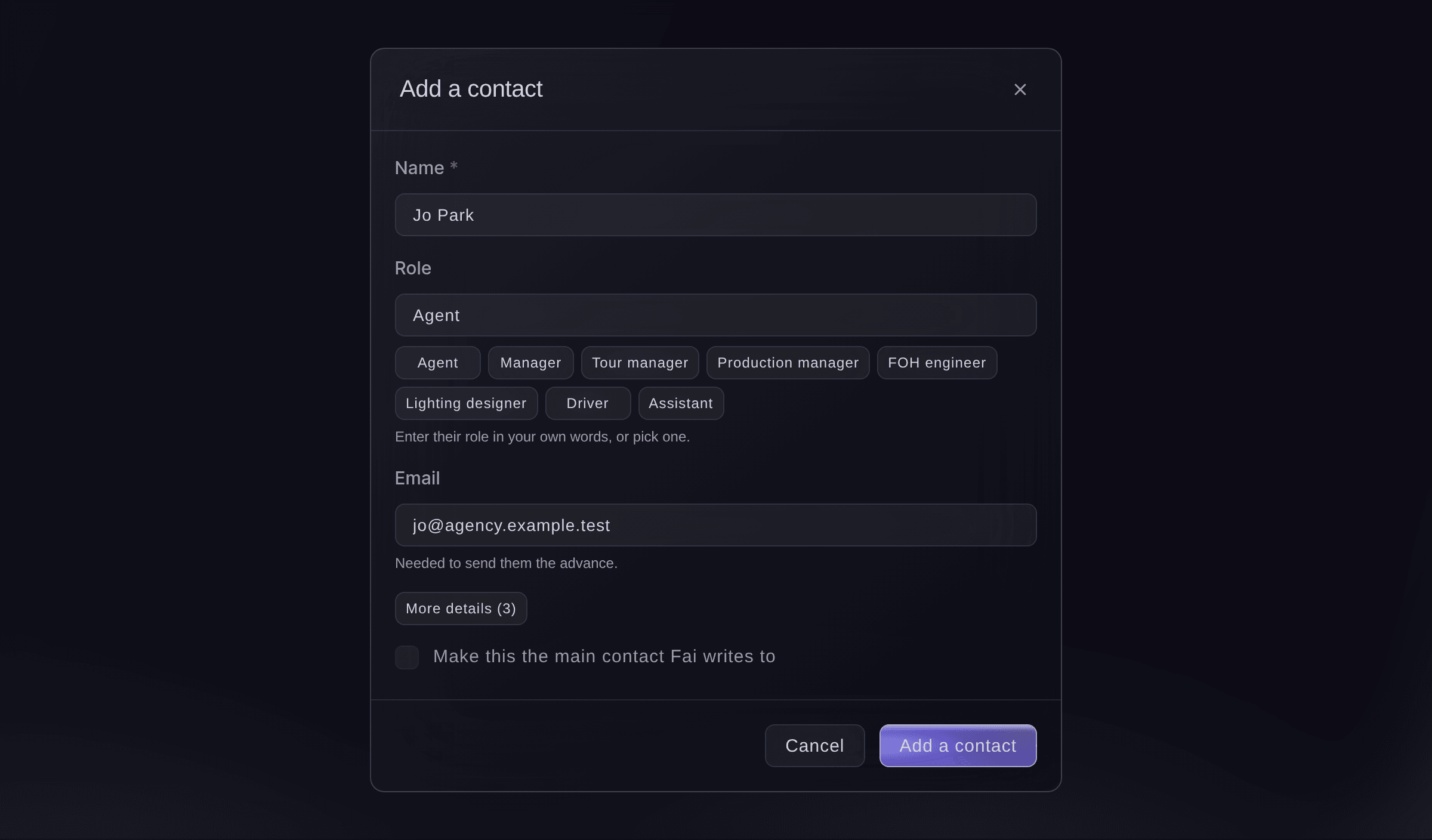 Ticket Fairy Add a contact dialog filled in from an agent Fai found in a booking document, with name, role, email and suggested roles
