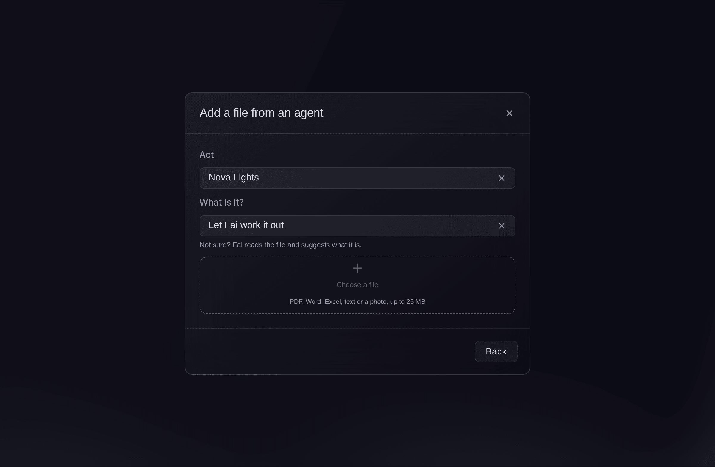 Ticket Fairy dialog to add a file from an agent, with the act, what the file is and the file to choose