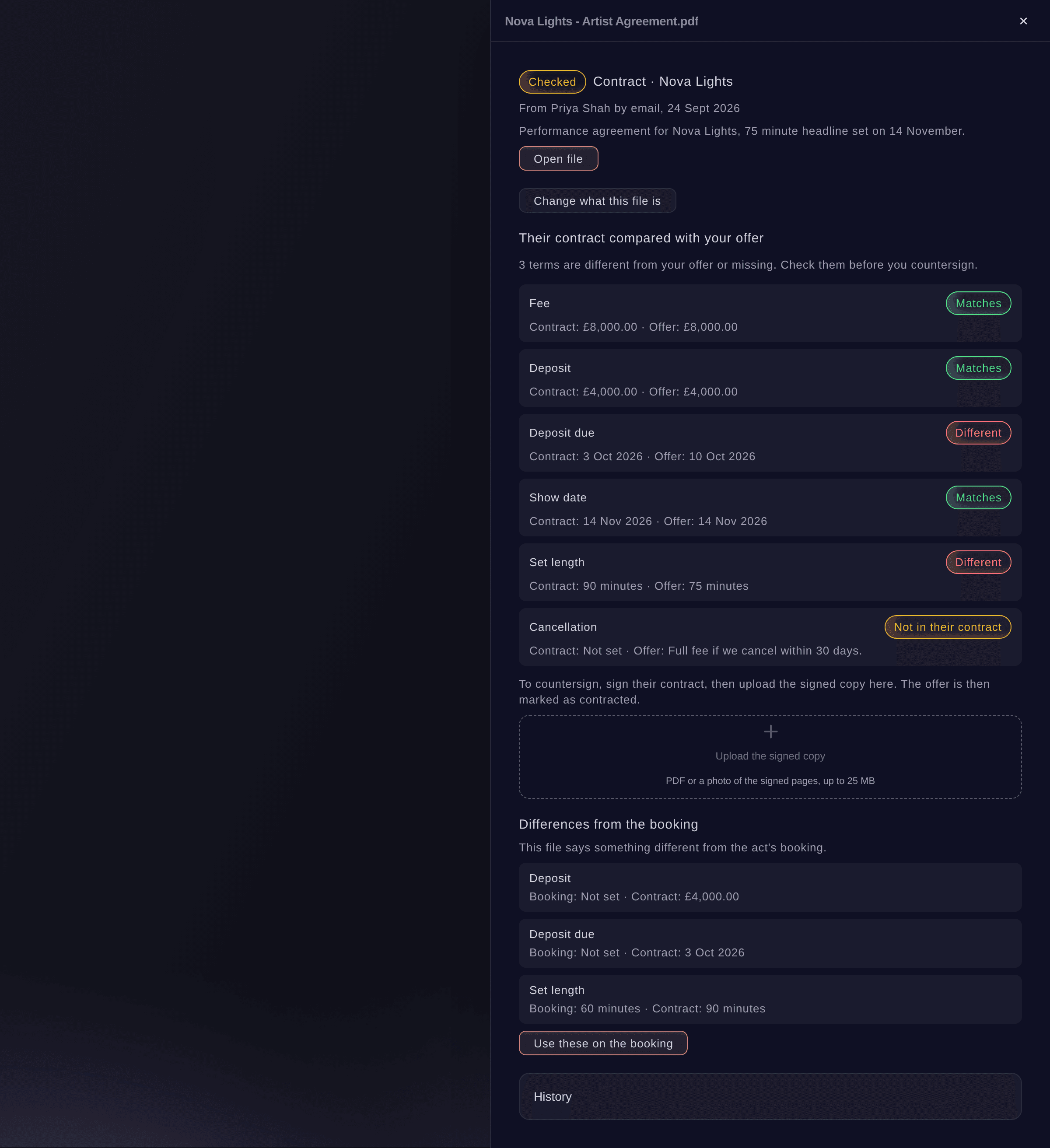 Ticket Fairy agent's contract compared with the offer, term by term, with the fee, deposit, dates and set length marked matches or different, and the upload for the signed copy