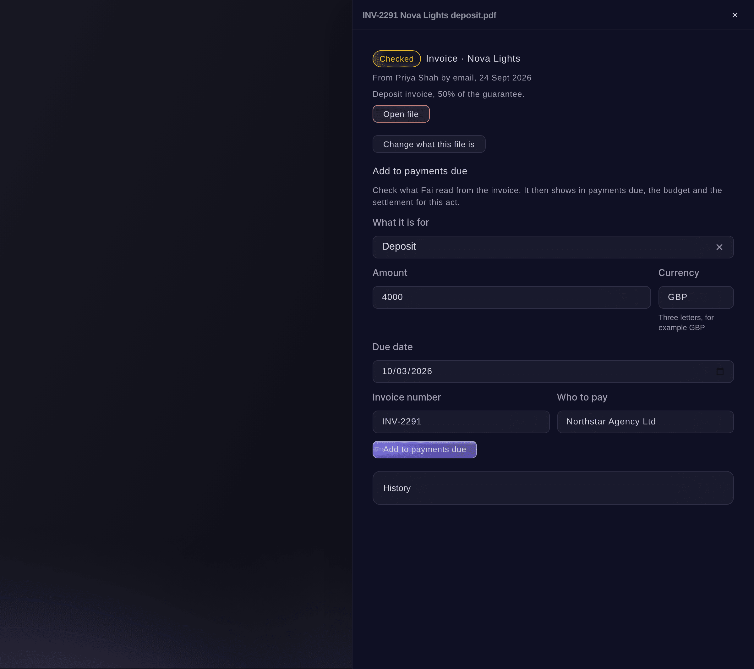 Ticket Fairy agent's deposit invoice read by Fai, with what it is for, the amount, currency, due date, invoice number and who to pay, ready to add to payments due