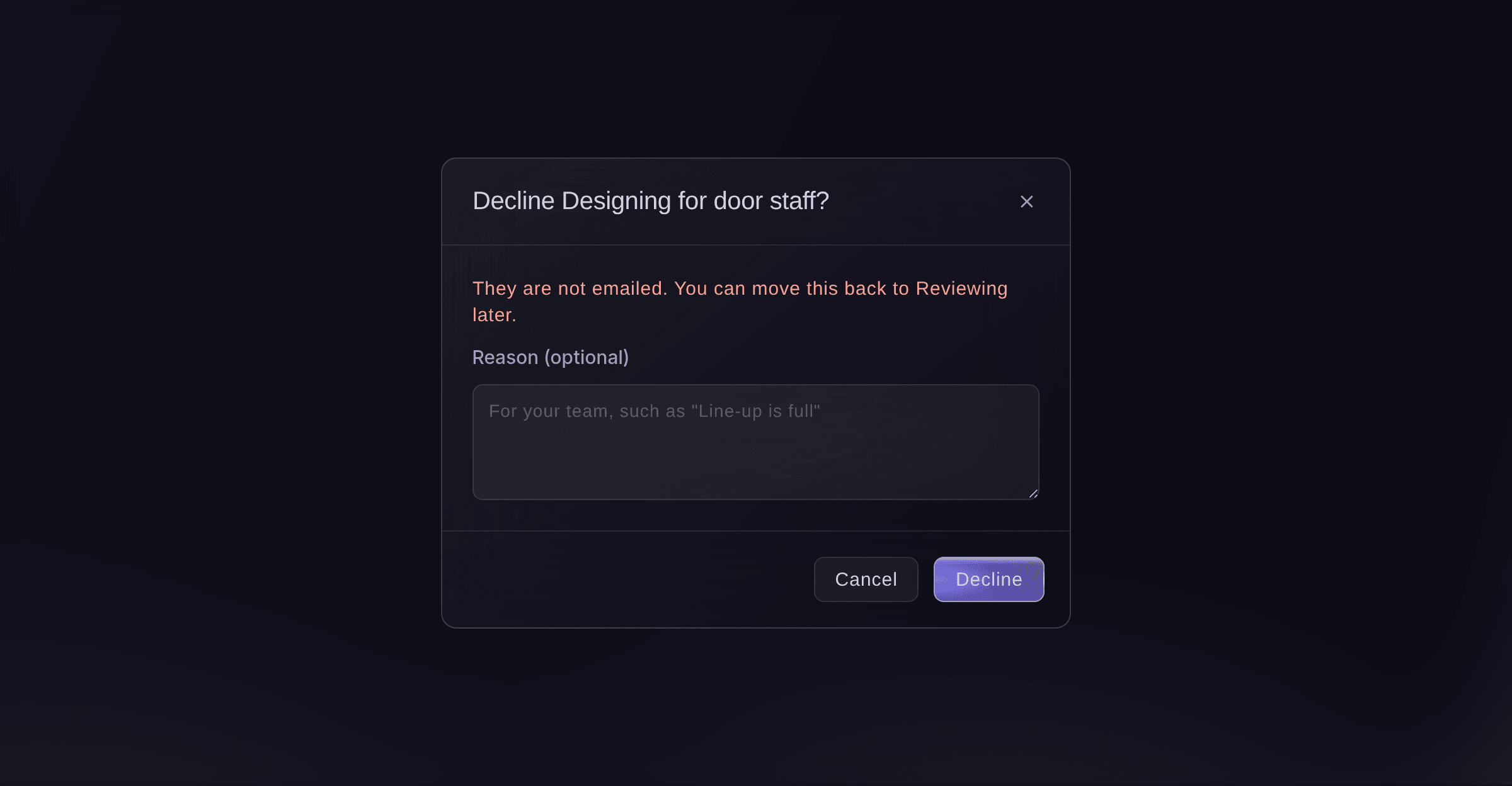 Ticket Fairy dialog to decline a talk proposal, with an optional reason for your team, and the person who applied is not emailed