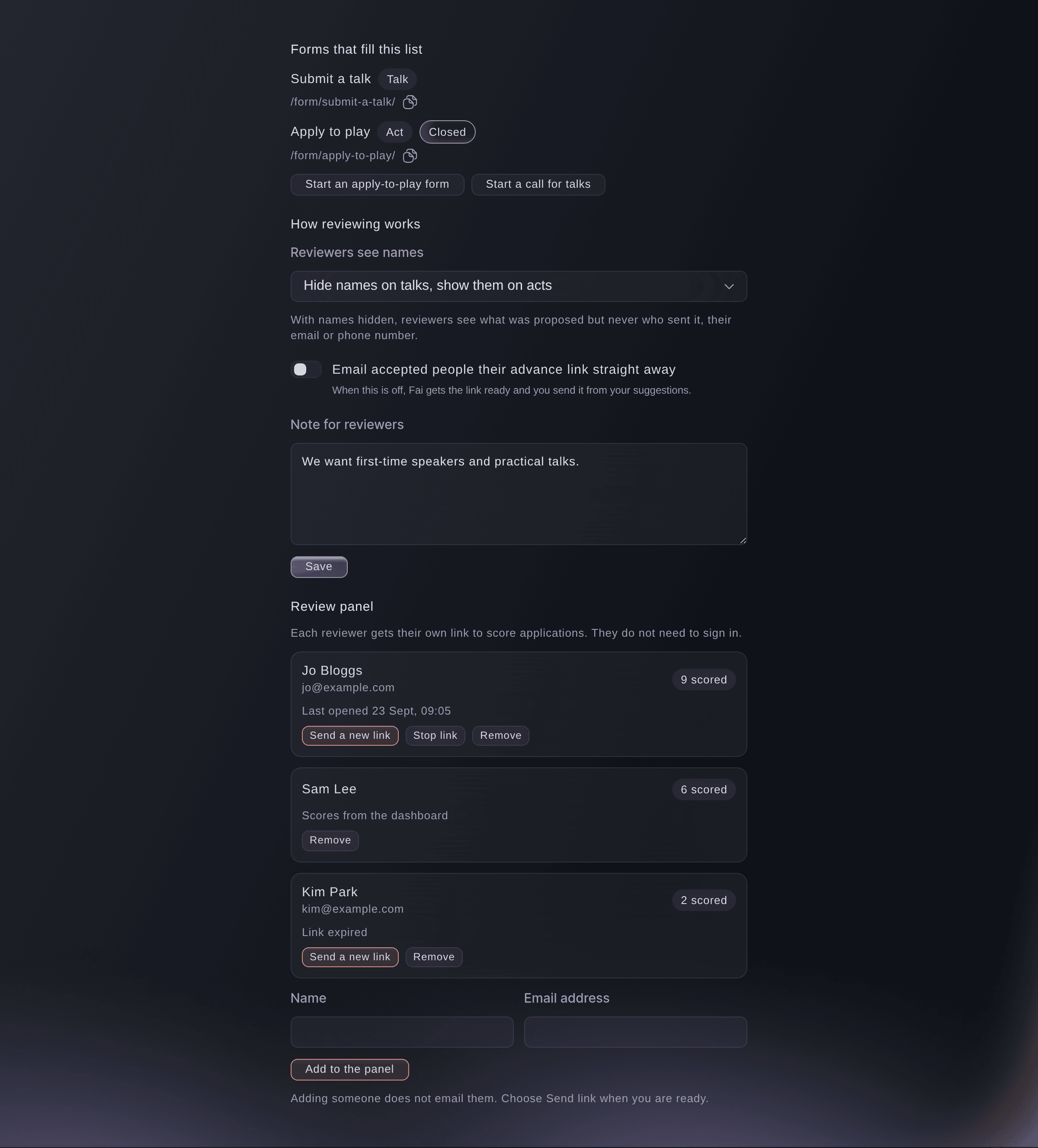 Ticket Fairy forms and reviewers for an event's applications, with the forms that fill the list, whether reviewers see names, the note for reviewers and the review panel