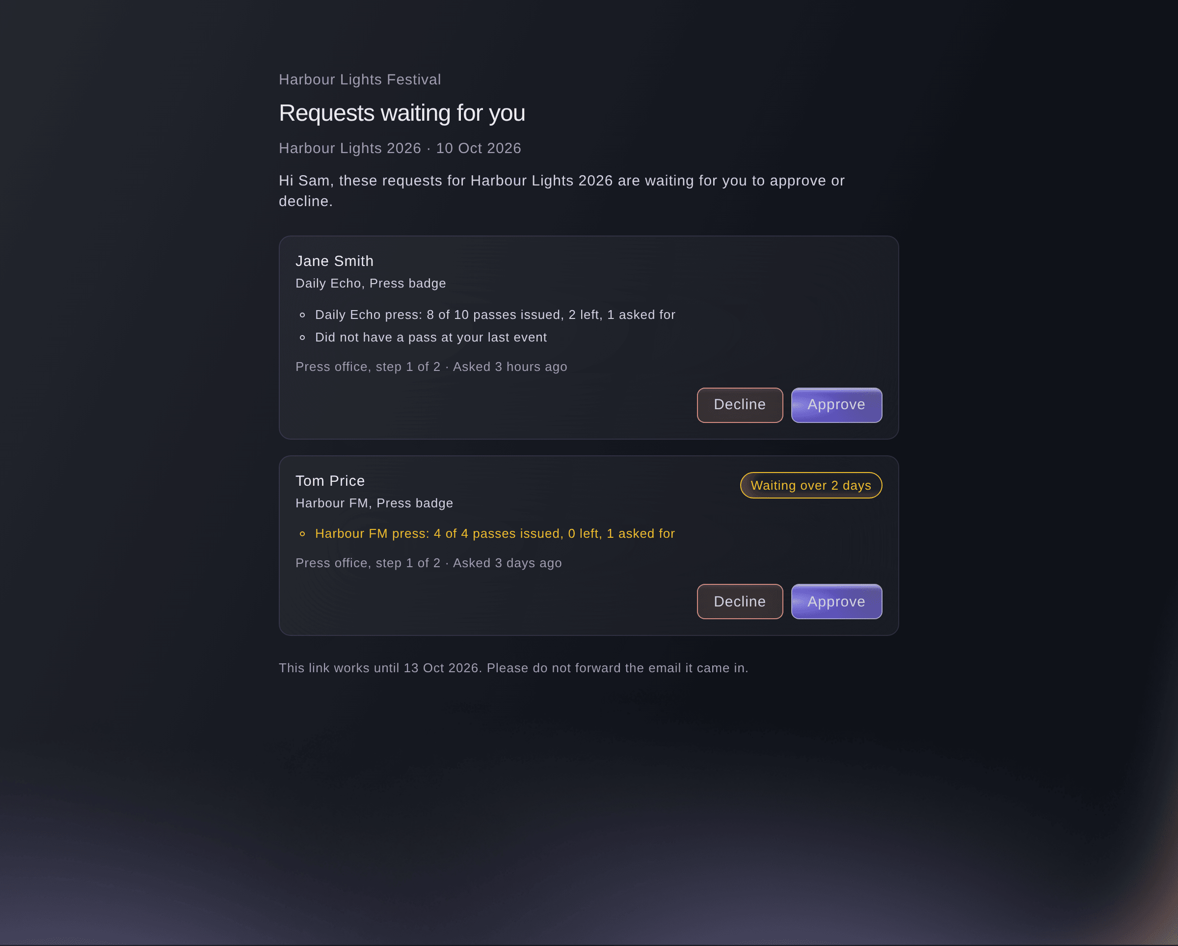 Ticket Fairy page an approver opens from their email with no sign-in, listing two press pass requests to approve or decline