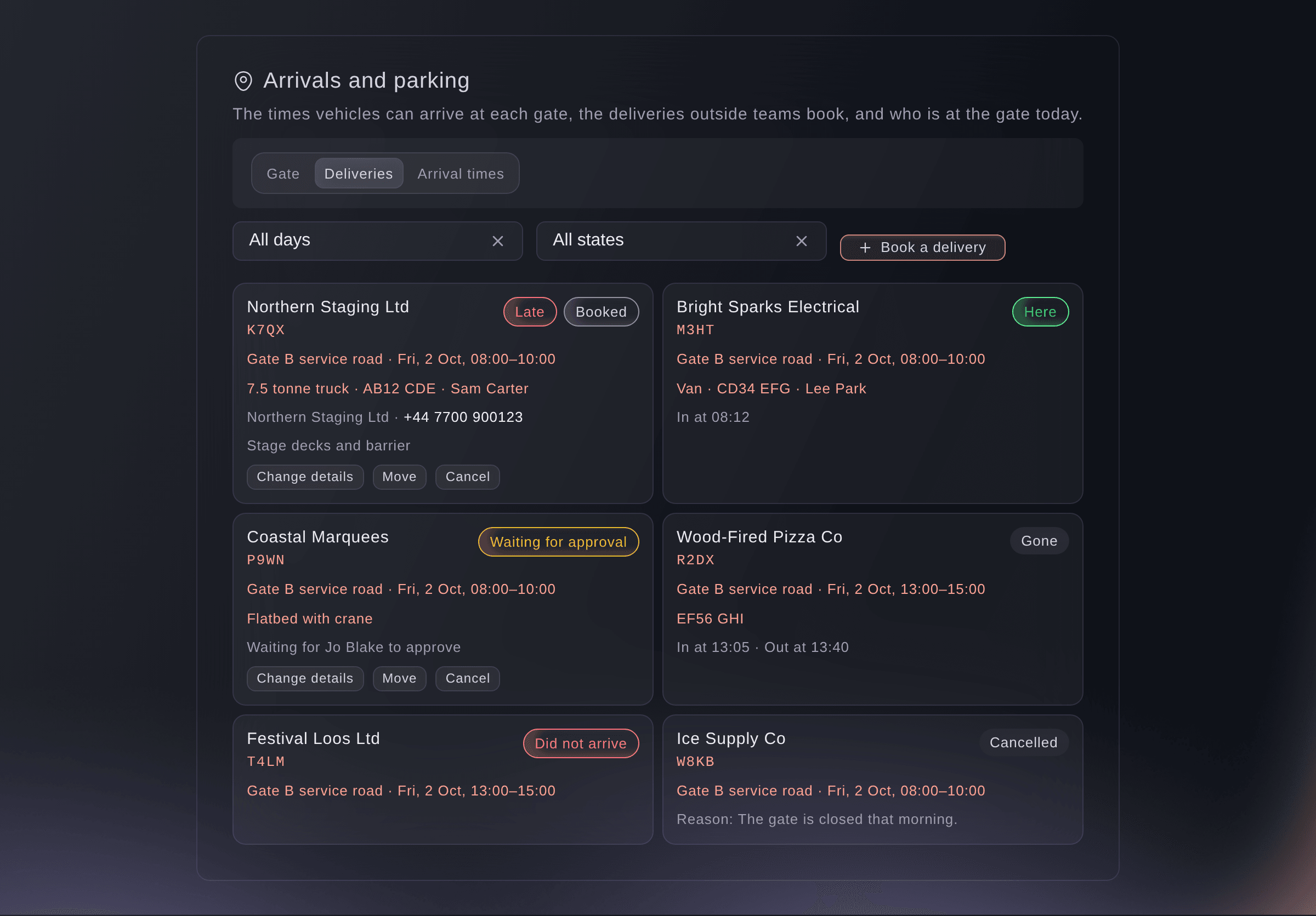Ticket Fairy list of deliveries booked by outside teams, with each team, arrival time, vehicle and whether it is booked, here or waiting for approval