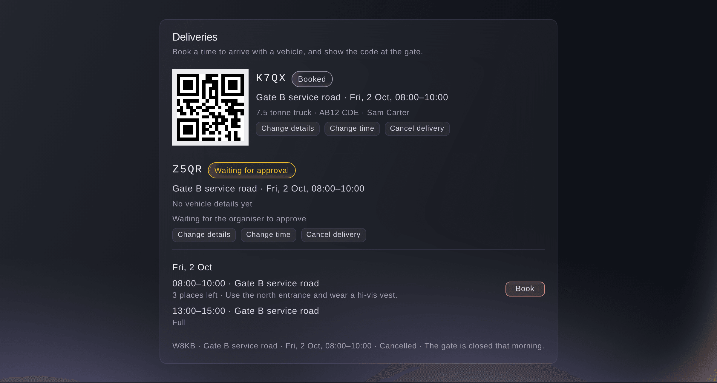 Ticket Fairy Deliveries section of an outside team's page, with its booked deliveries, their reference codes and gate codes, and the arrival times it can still book