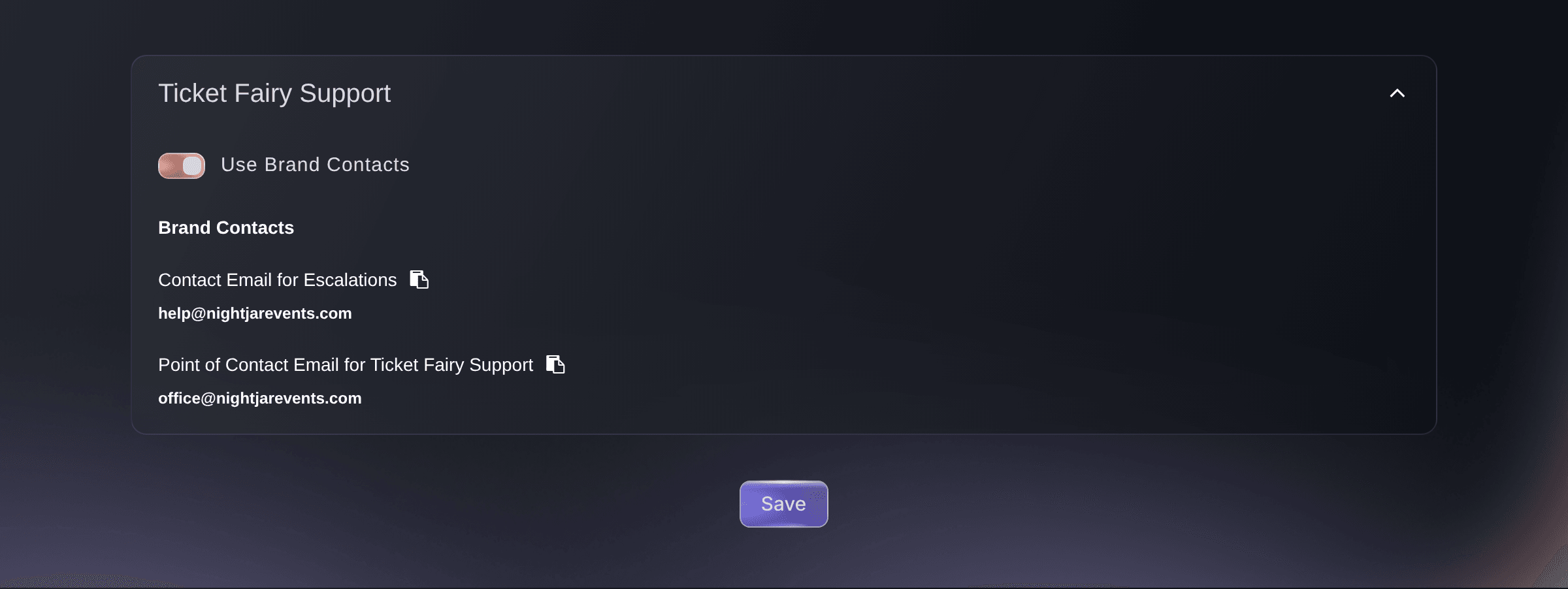 Ticket Fairy event Contacts page with Use Brand Contacts on and the brand's escalation and point of contact addresses listed