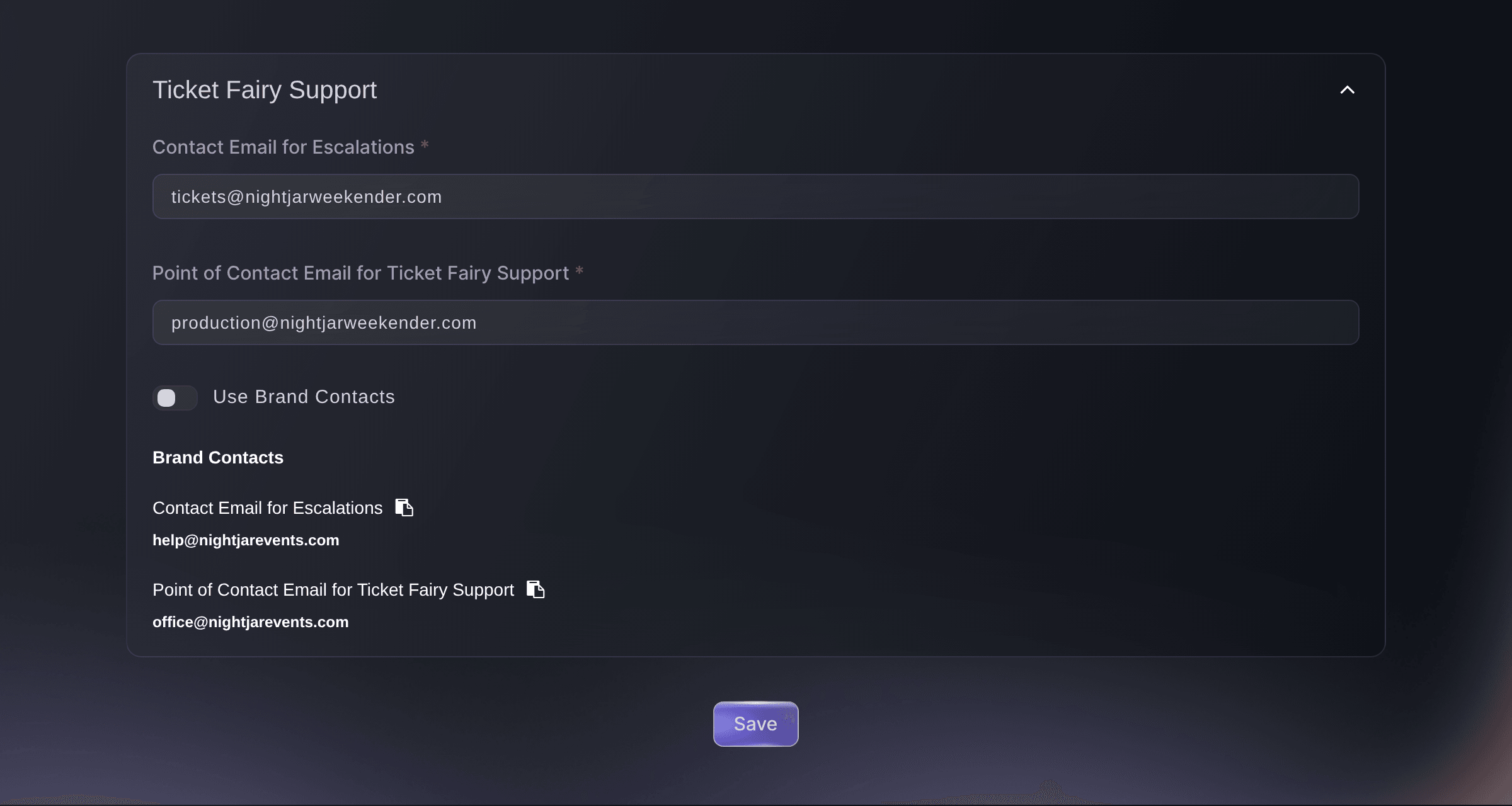 Ticket Fairy event Contacts page with Use Brand Contacts off and the event's own escalation and point of contact addresses entered
