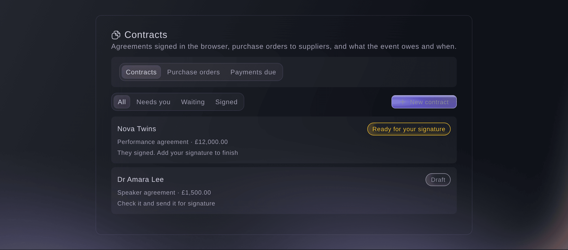 Ticket Fairy Contracts section with a performer agreement ready for your signature and a speaker agreement in draft