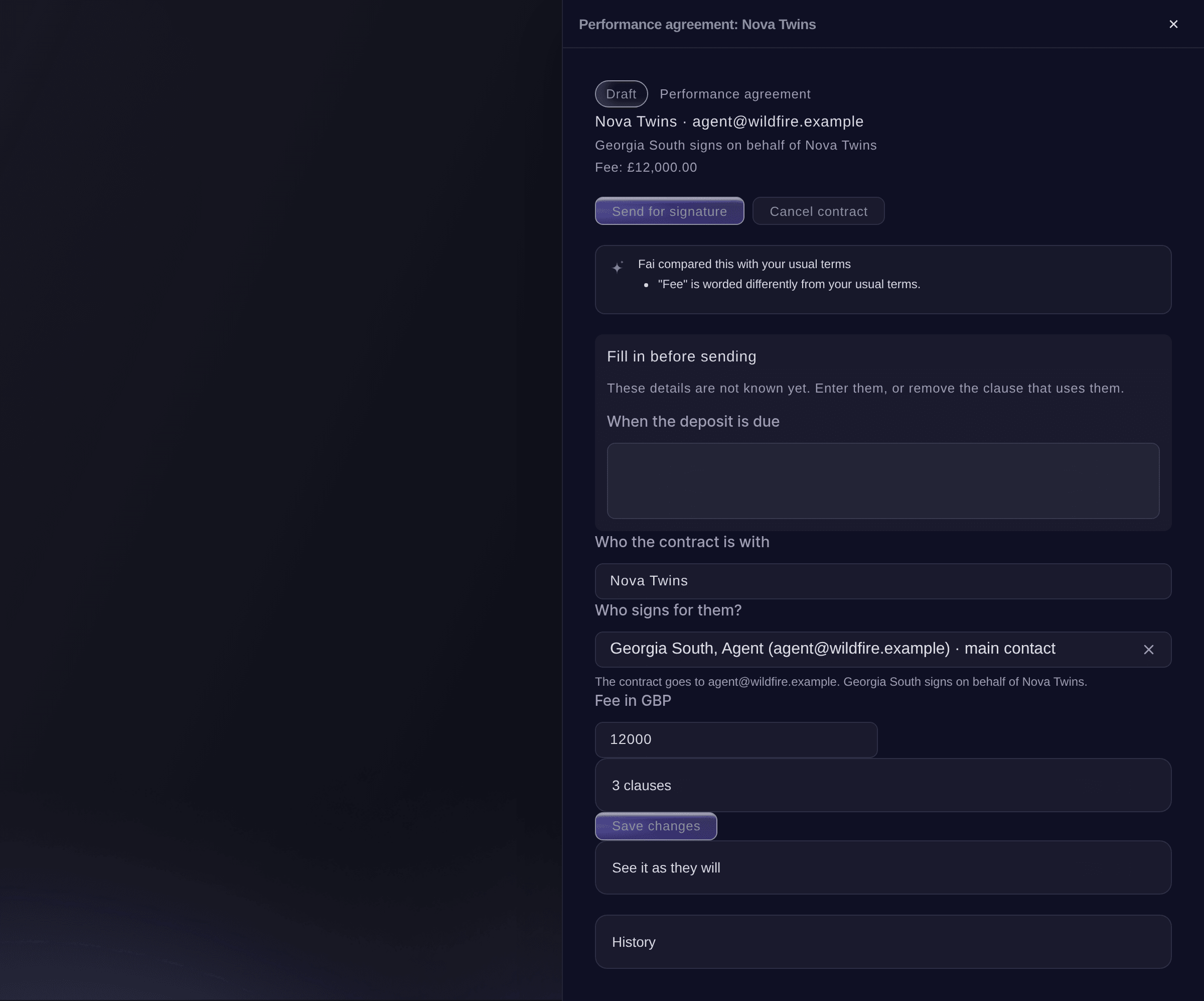 Ticket Fairy contract panel for a performer agreement in draft, with who signs, a detail still to fill in, the differences from your usual terms and the clauses
