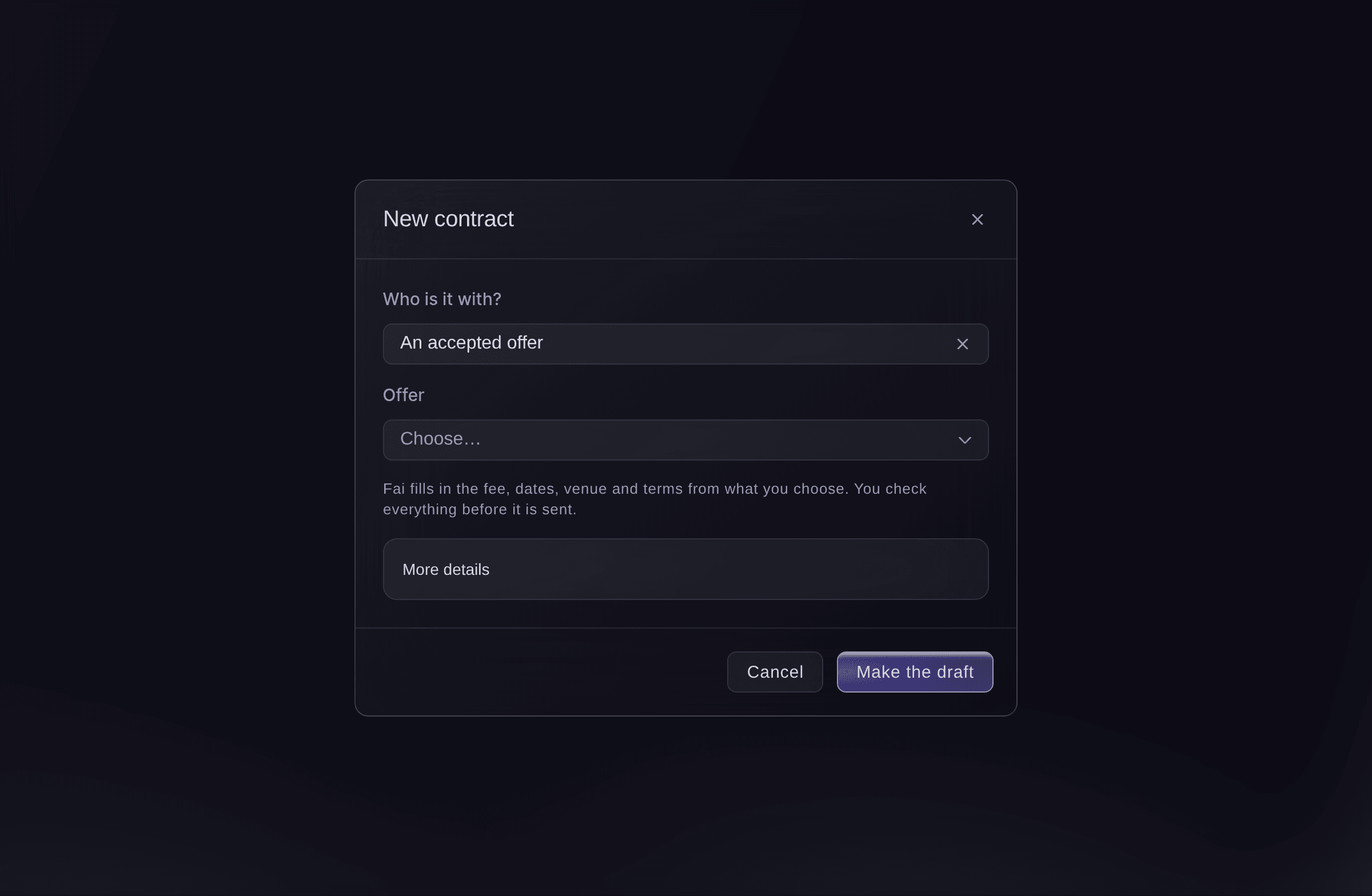 Ticket Fairy New contract dialog with an accepted offer chosen and the template to start from