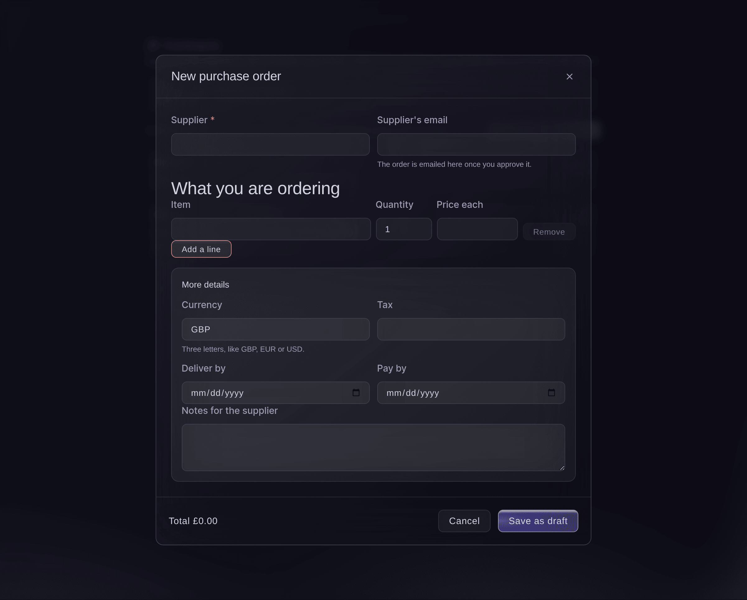Ticket Fairy New purchase order dialog with the supplier, the supplier's email and the lines being ordered