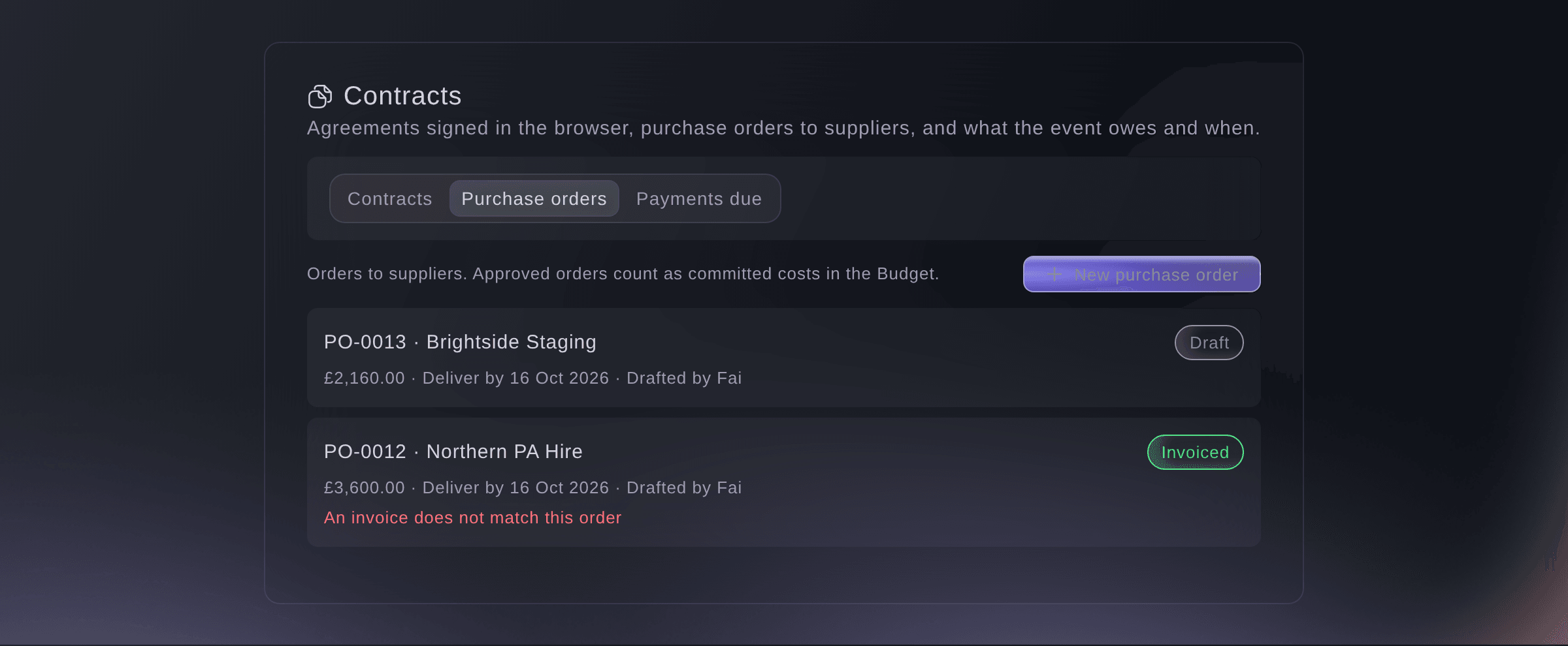 Ticket Fairy purchase orders for an event, with a draft from a confirmed quote and an invoiced order whose invoice does not match