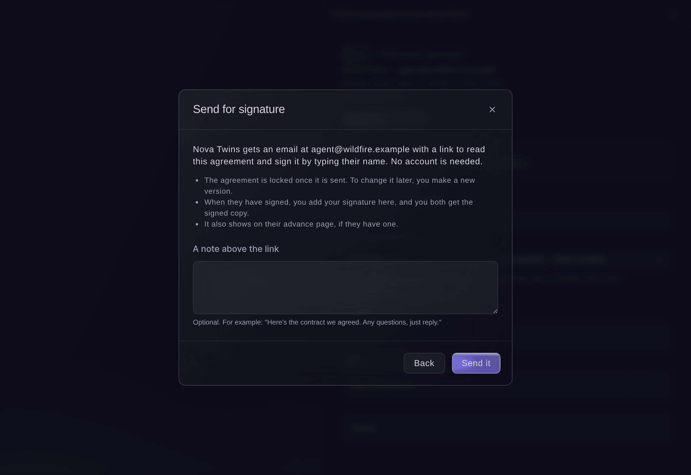 Ticket Fairy Send for signature dialog saying who gets the email, that the agreement is locked once sent, and a note to add above the link