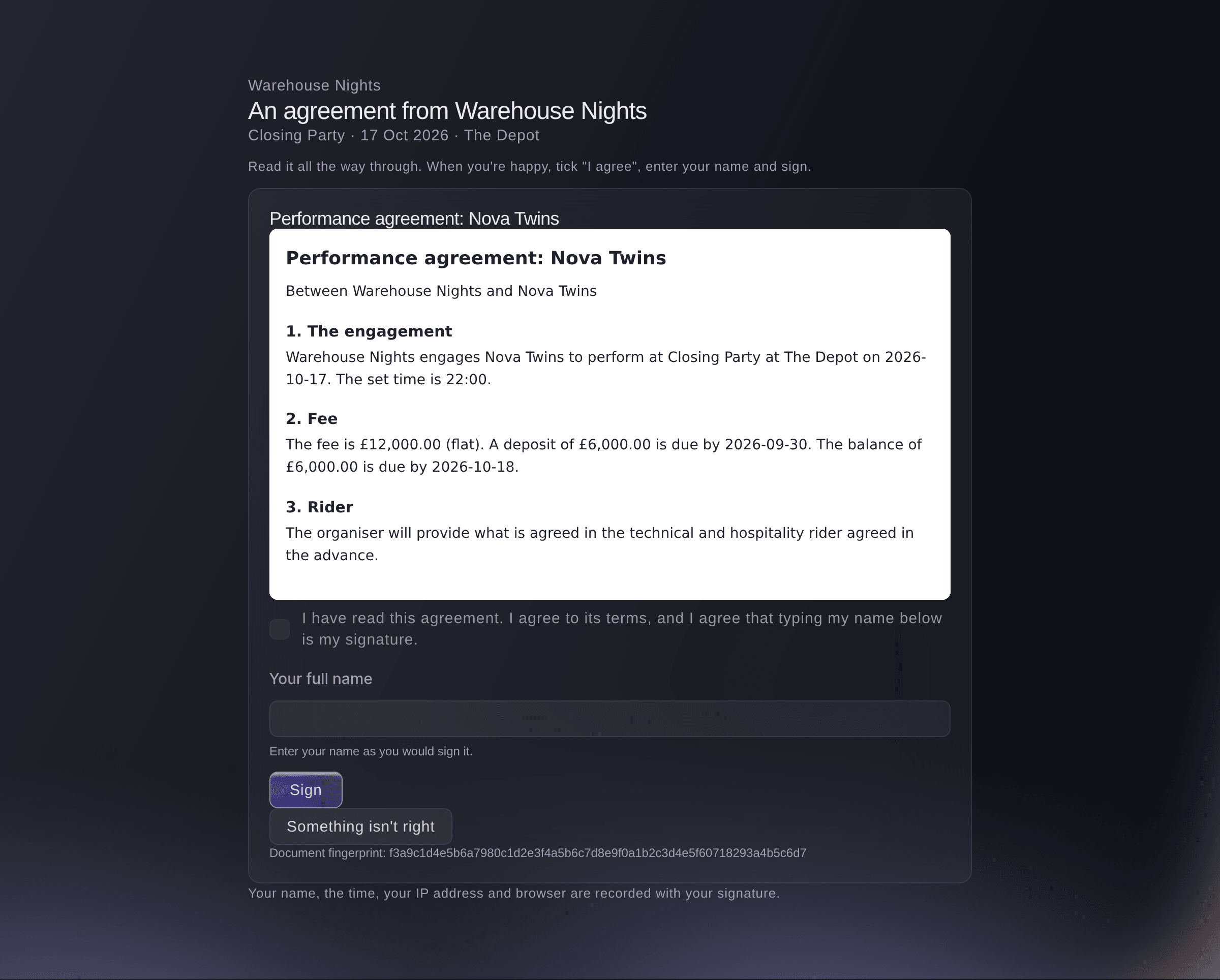Ticket Fairy signing page for a performance agreement, with the agreement, the tick to agree and the name to sign with