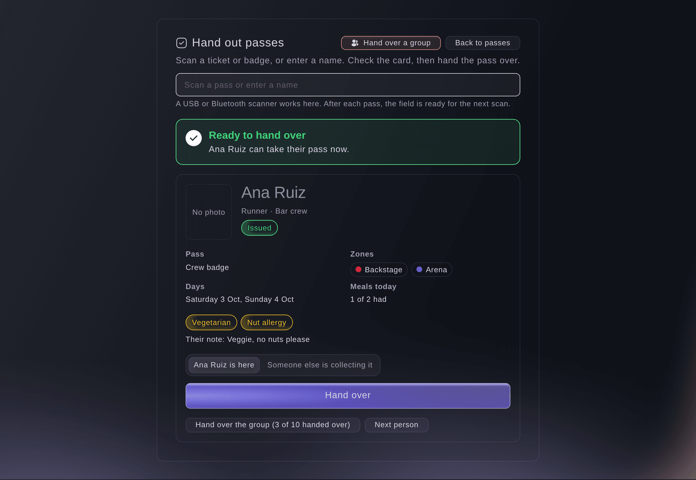 Ticket Fairy hand-out desk with a runner's crew badge scanned and ready to collect, with the zones, days and meals on the pass