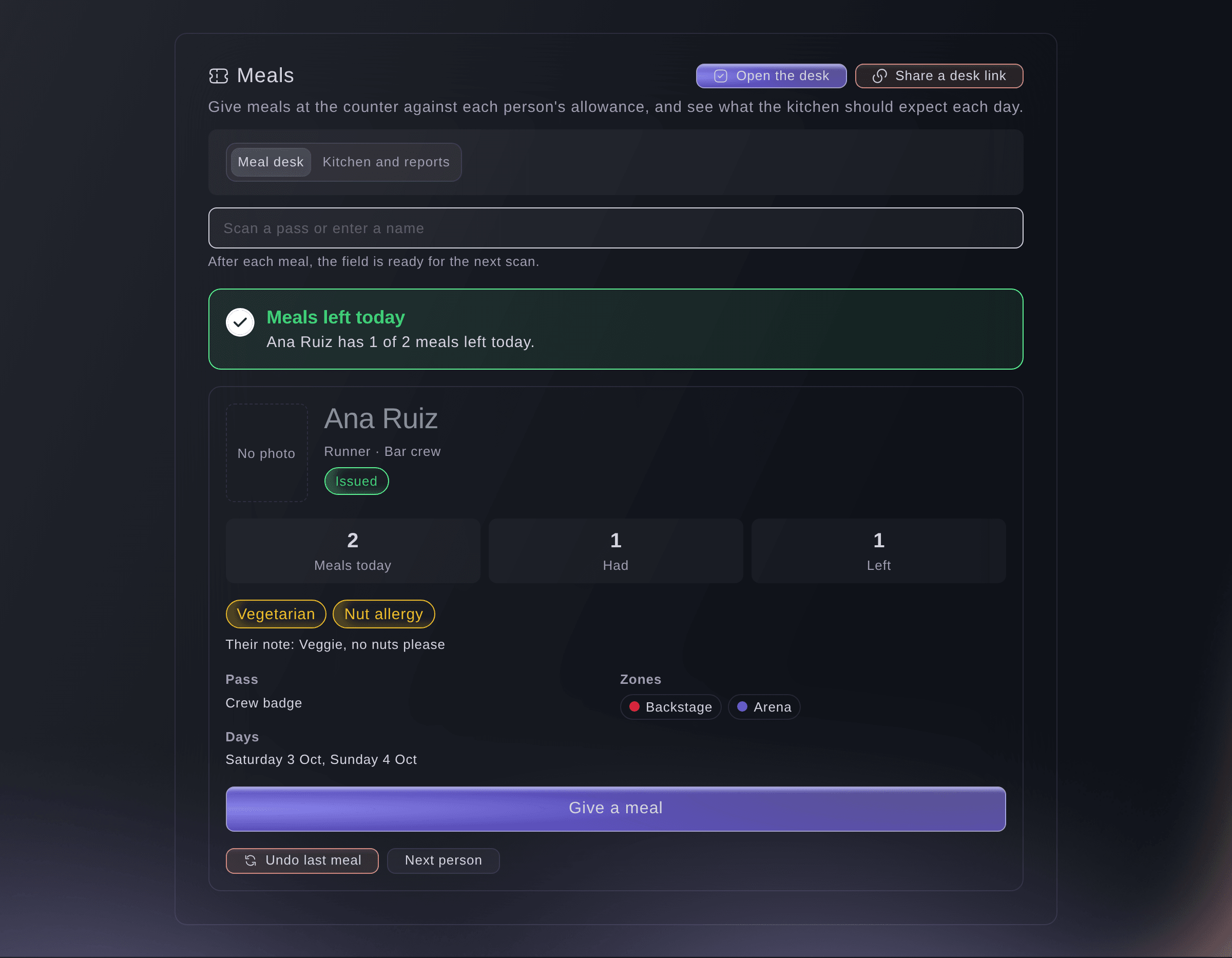 Ticket Fairy Event Operating System: Crew meals & safety