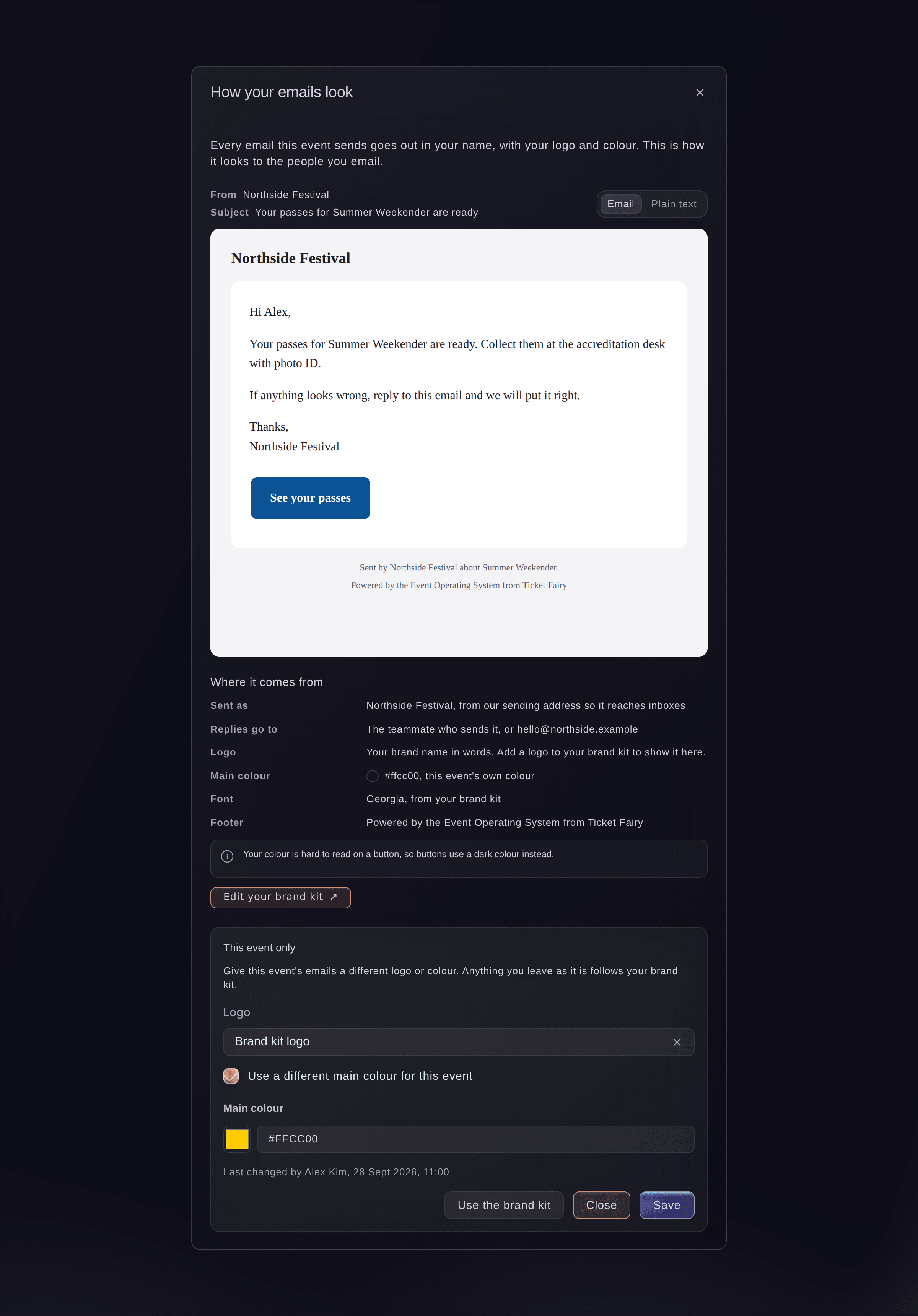 Ticket Fairy How your emails look for an event with its own light main colour, where buttons use a dark colour so they stay readable