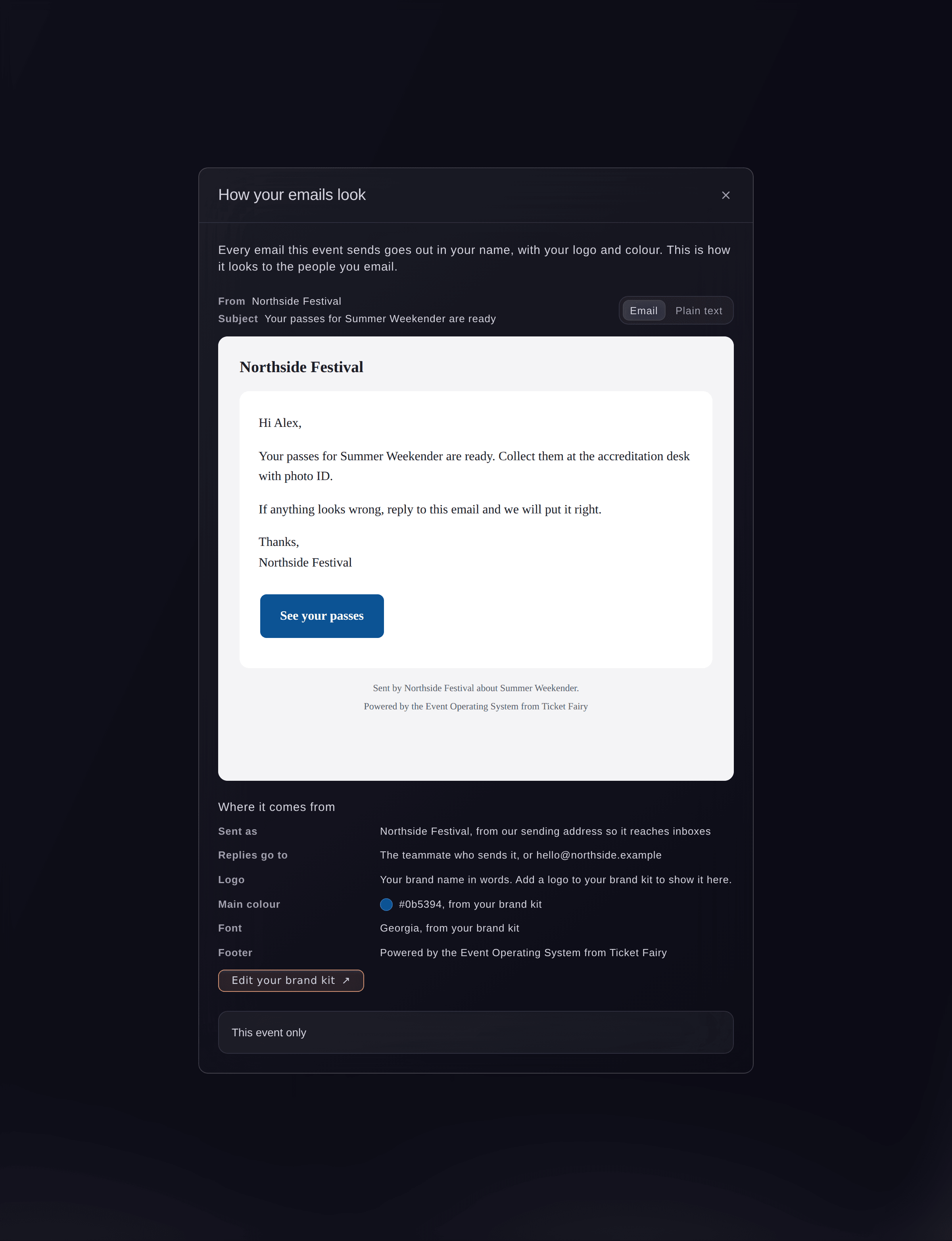 Ticket Fairy How your emails look, with a preview of an event email in the brand's logo and colour and where the sender, replies, logo, colour, font and footer come from