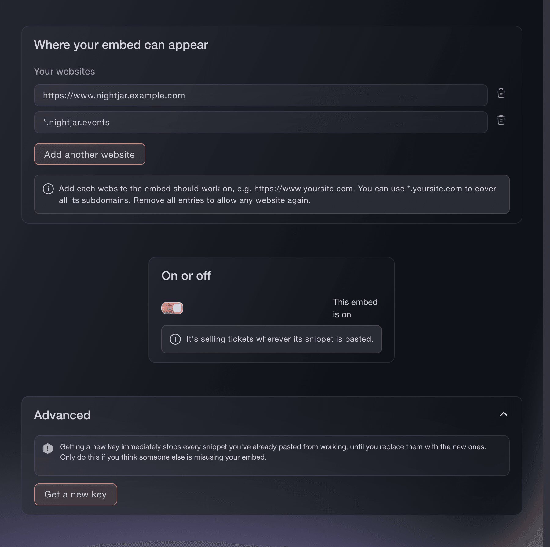 Website embed security page with allowed website addresses