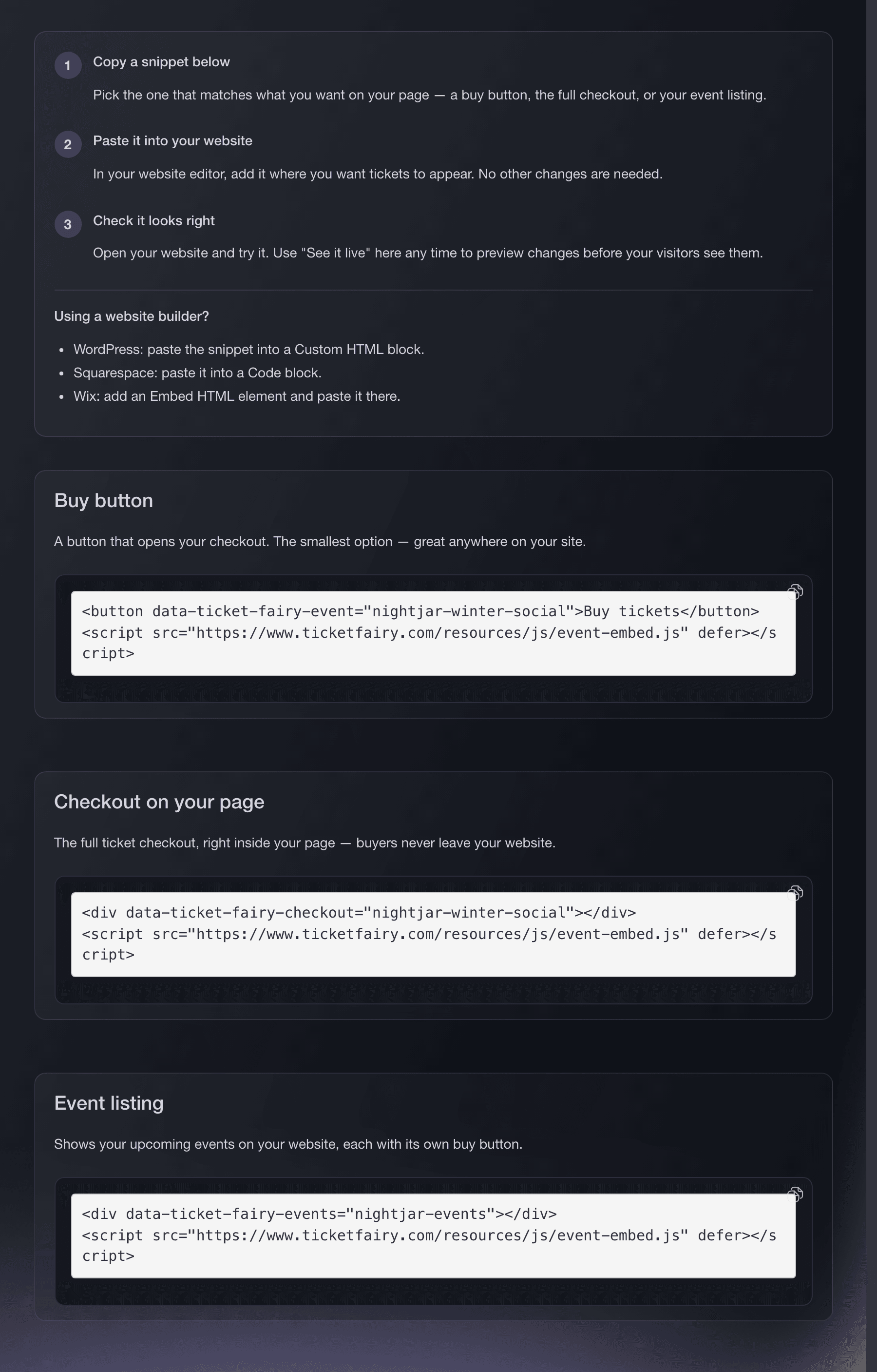 Website embed install page with ready-to-paste checkout code