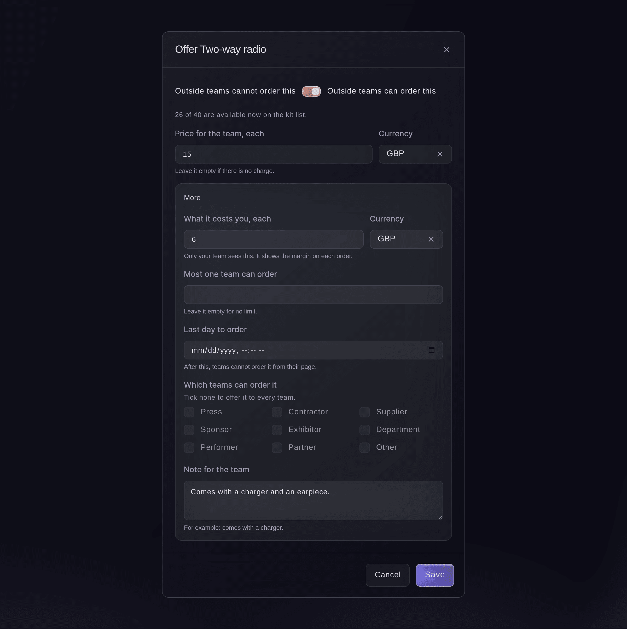 Ticket Fairy dialog to offer a two-way radio to outside teams, with the price for the team, your own cost, the most one team can order, the last day to order and which teams can order it