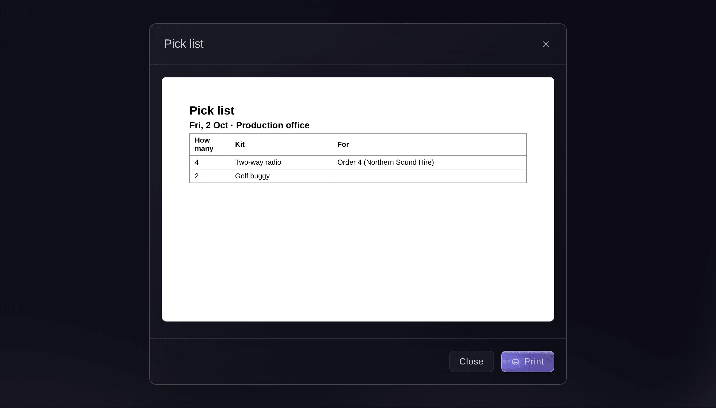 Ticket Fairy pick list of approved kit orders for a festival day, grouped by place, with how many of each piece of kit and which order it is for