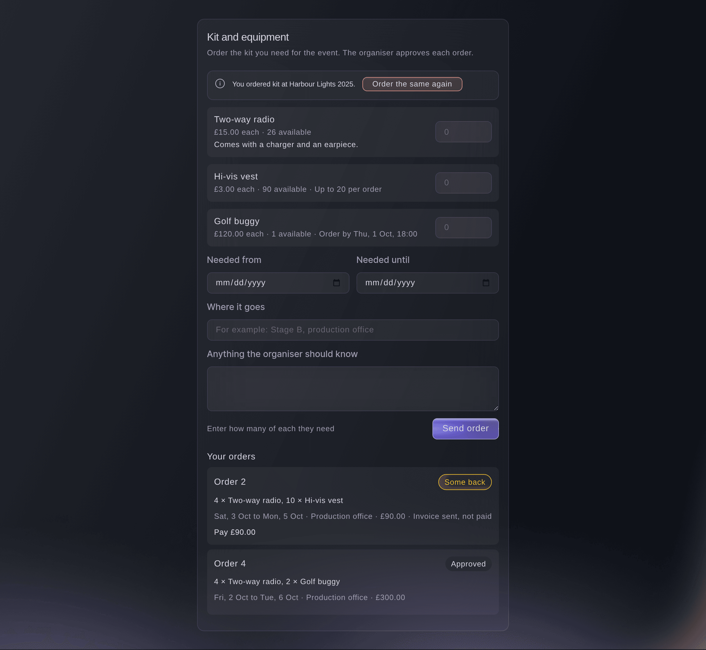 Ticket Fairy page an outside team opens from its link, with the kit it can order, the price and availability of each, the dates and place, and its earlier orders
