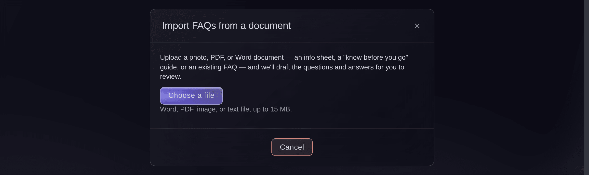 Ticket Fairy import dialog naming the file types it reads and the size it accepts