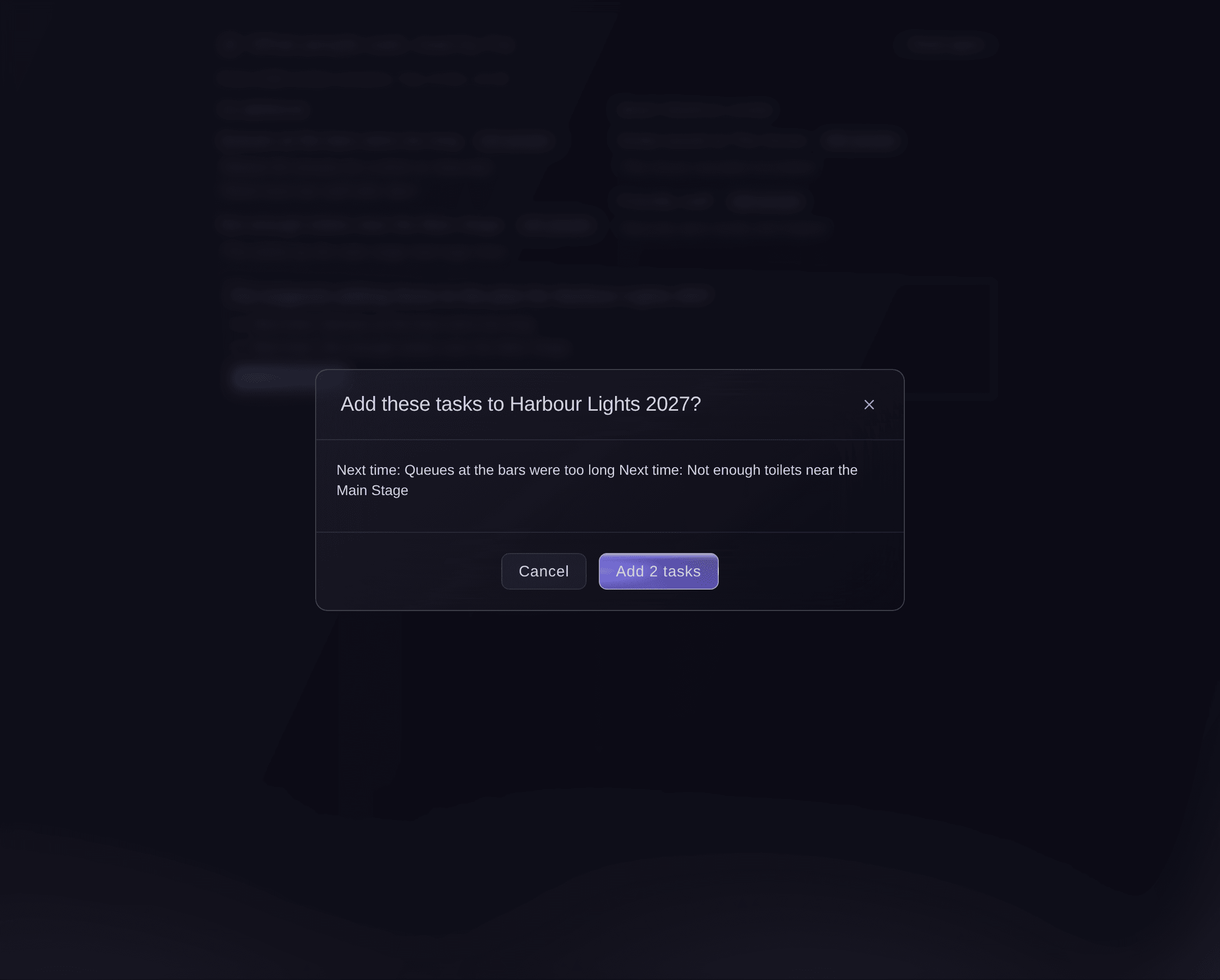 Ticket Fairy dialog to add two improvements from the feedback as tasks on next year's festival