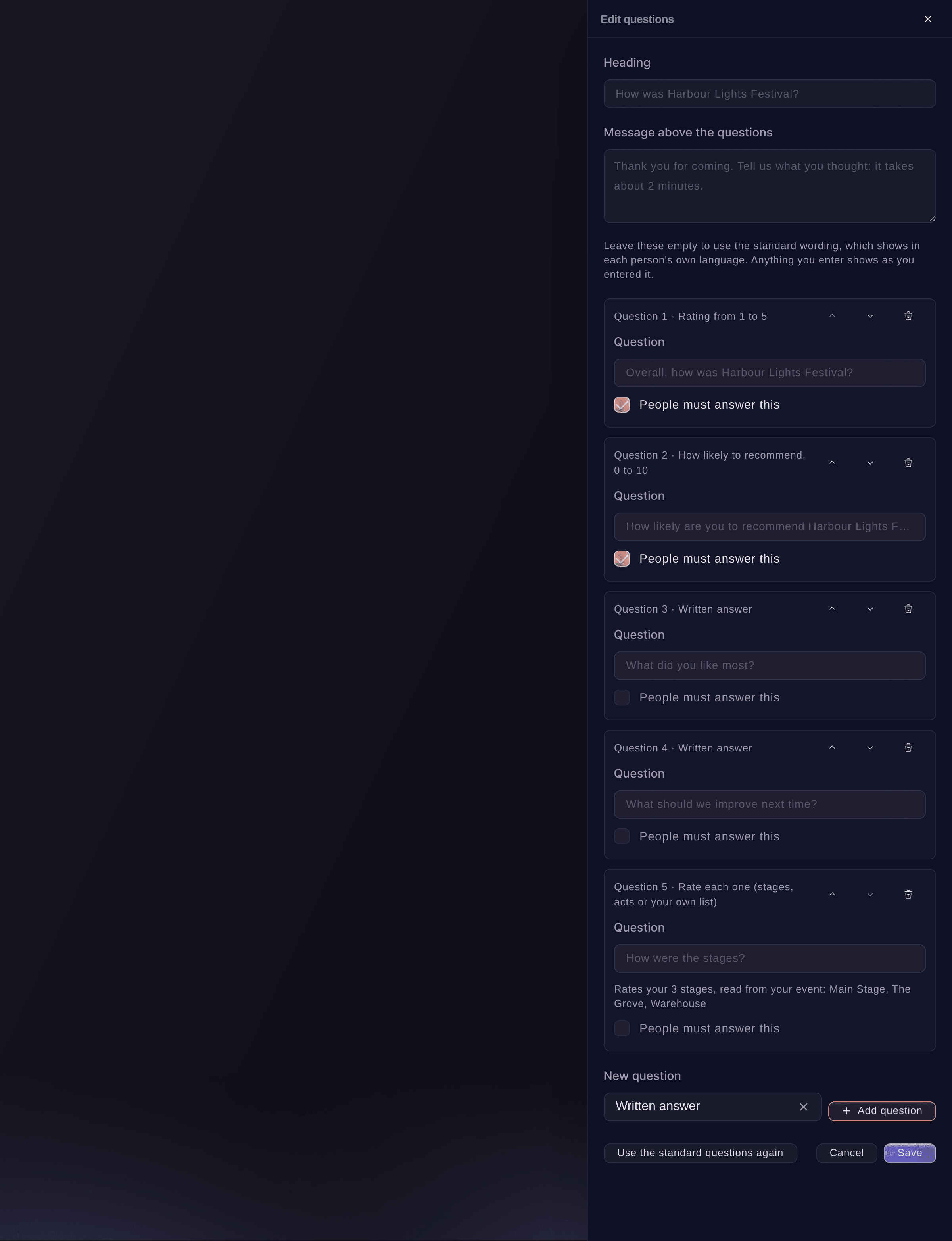 Ticket Fairy survey questions for a festival, with the overall rating, the recommend question, the questions people answer in their own words and ratings for each stage read from the event